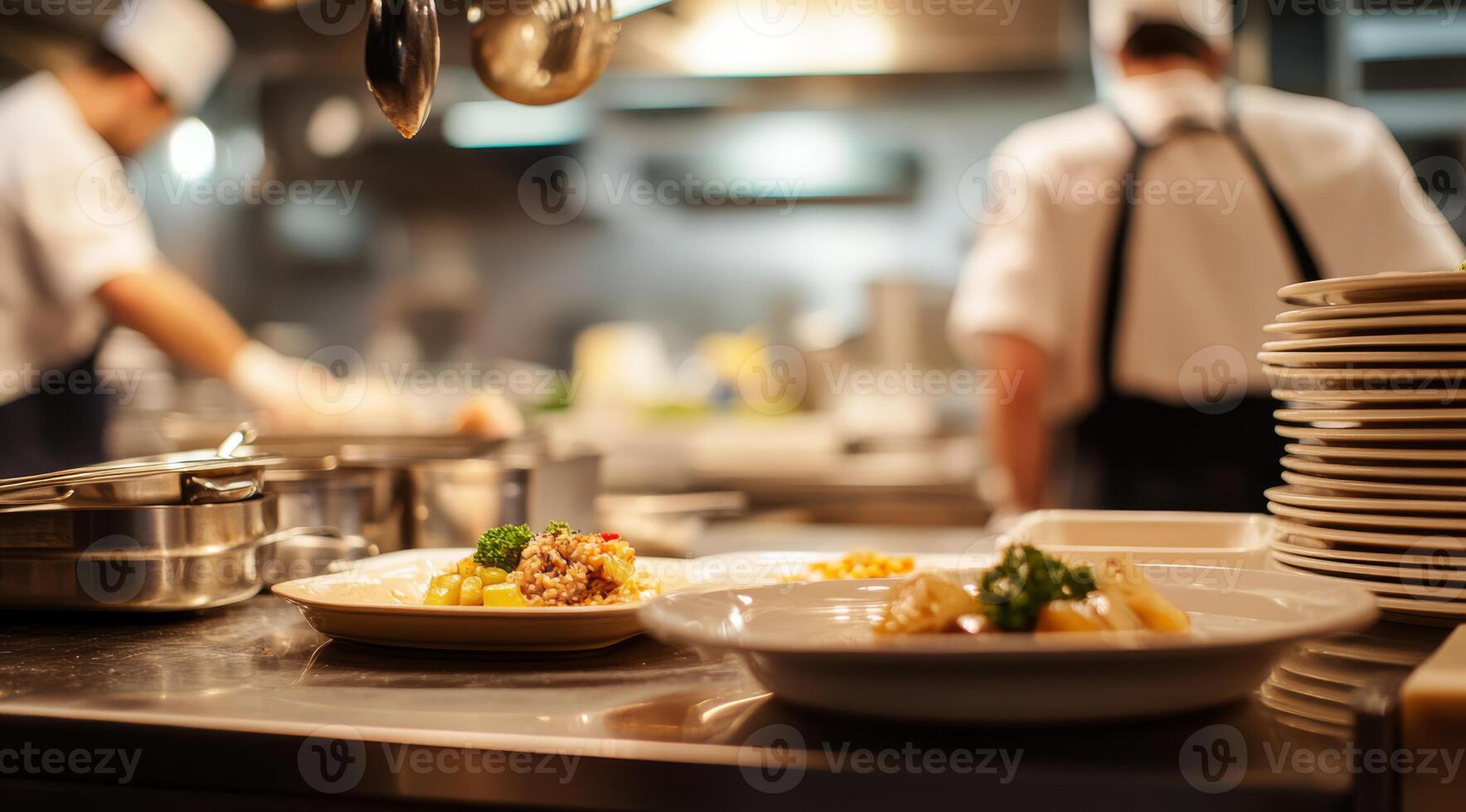 In a bustling restaurant kitchen, chefs skillfully prepare delicious meals among pots and pans, showcasing their culinary creativity and teamwork at the heart of the culinary arts photo