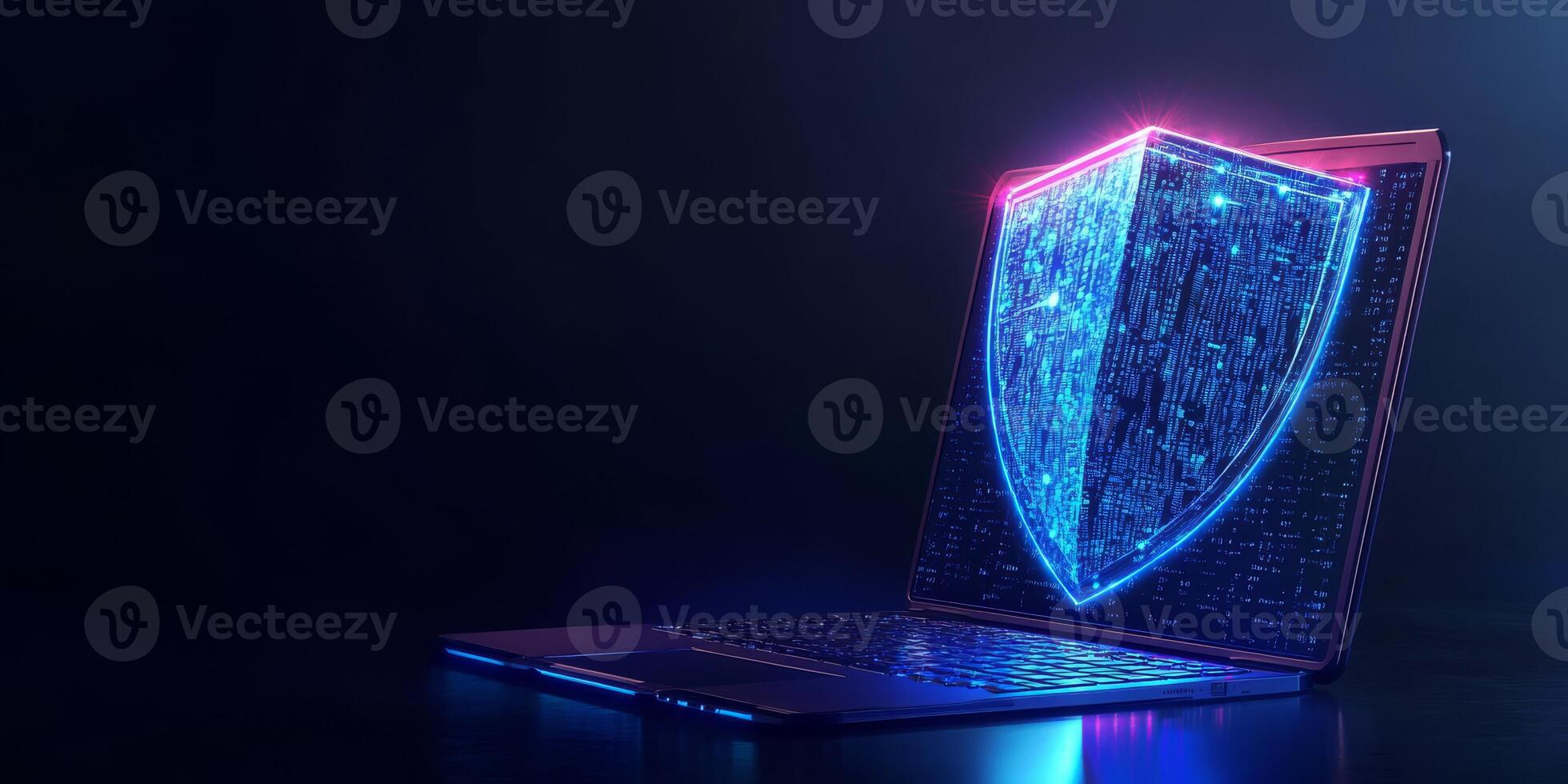An abstract representation of cyber security, showing a sleek laptop next to a blue futuristic guard shield, symbolizing essential aspects of digital protection in todays techdriven world photo