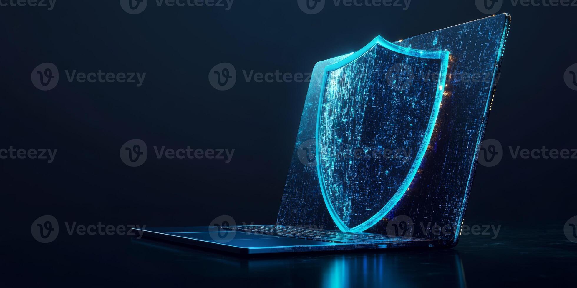 The image symbolizes cyber security, featuring a modern laptop next to a blue shield, representing vital protection and the importance of digital safety in todays technological world photo