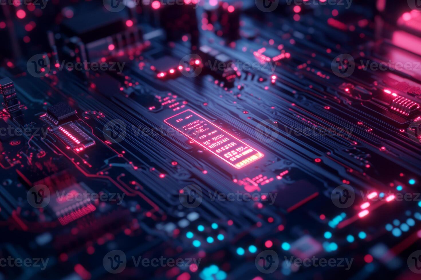 This image shows a detailed closeup of modern microchip circuitry, showcasing advanced electronics technology with intricate design elements that captivate the viewers attention photo