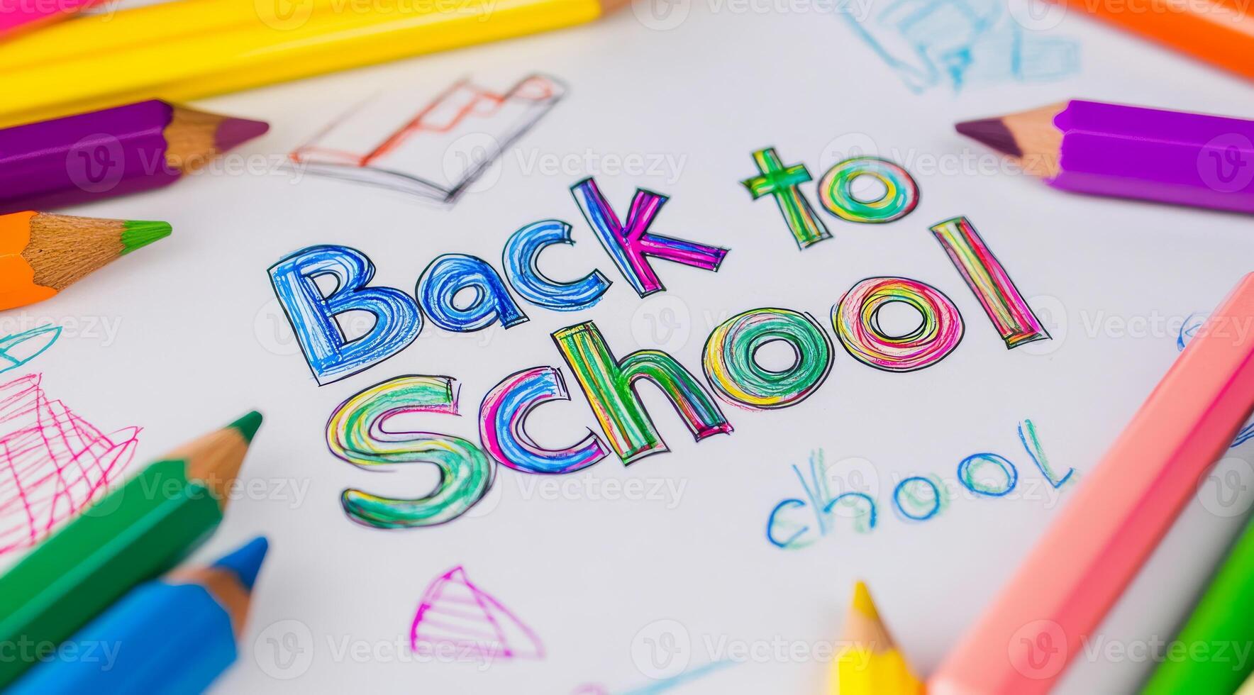 A vibrant Back to School message with colorful pencils on a white backdrop celebrates the new school year, encouraging creativity and joy in learning as students start their educational journey photo