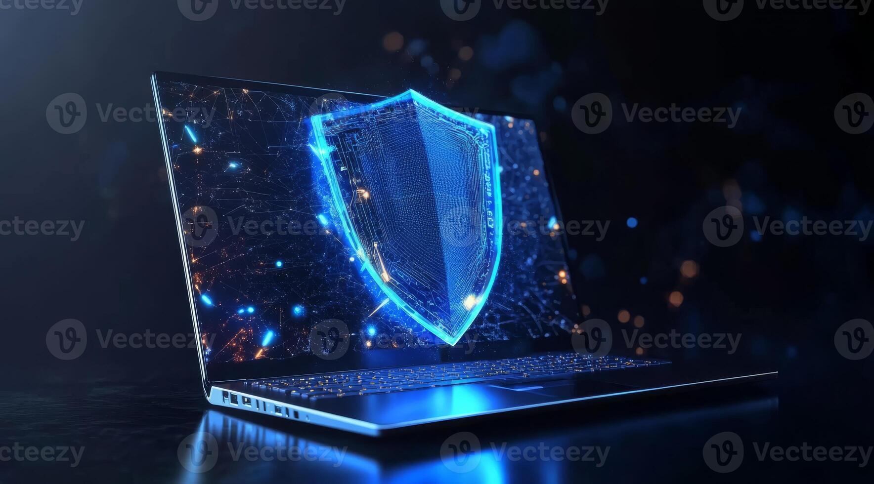 An abstract representation of cyber security featuring a modern laptop and a blue guard shield, symbolizing strong protection in the digital realm of information flow and security measures photo
