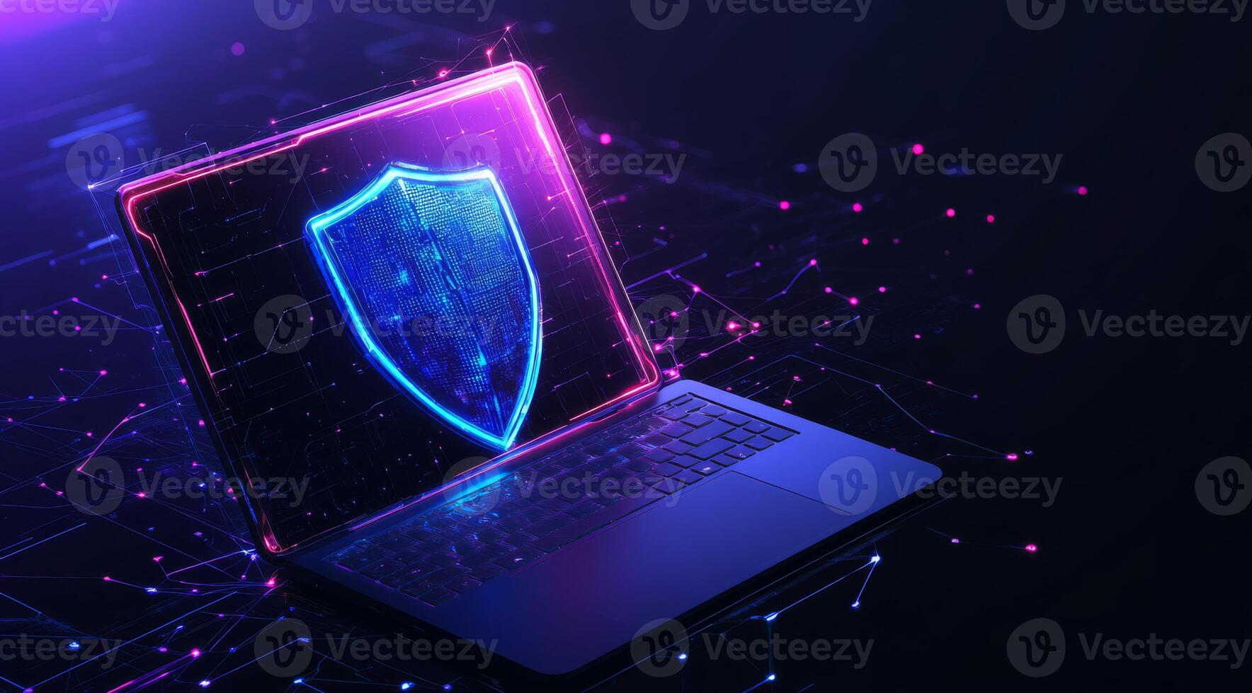 This is an abstract representation of cyber security, showcasing a laptop alongside a blue protective shield, which symbolizes the importance of digital safety and insurance in our online lives photo
