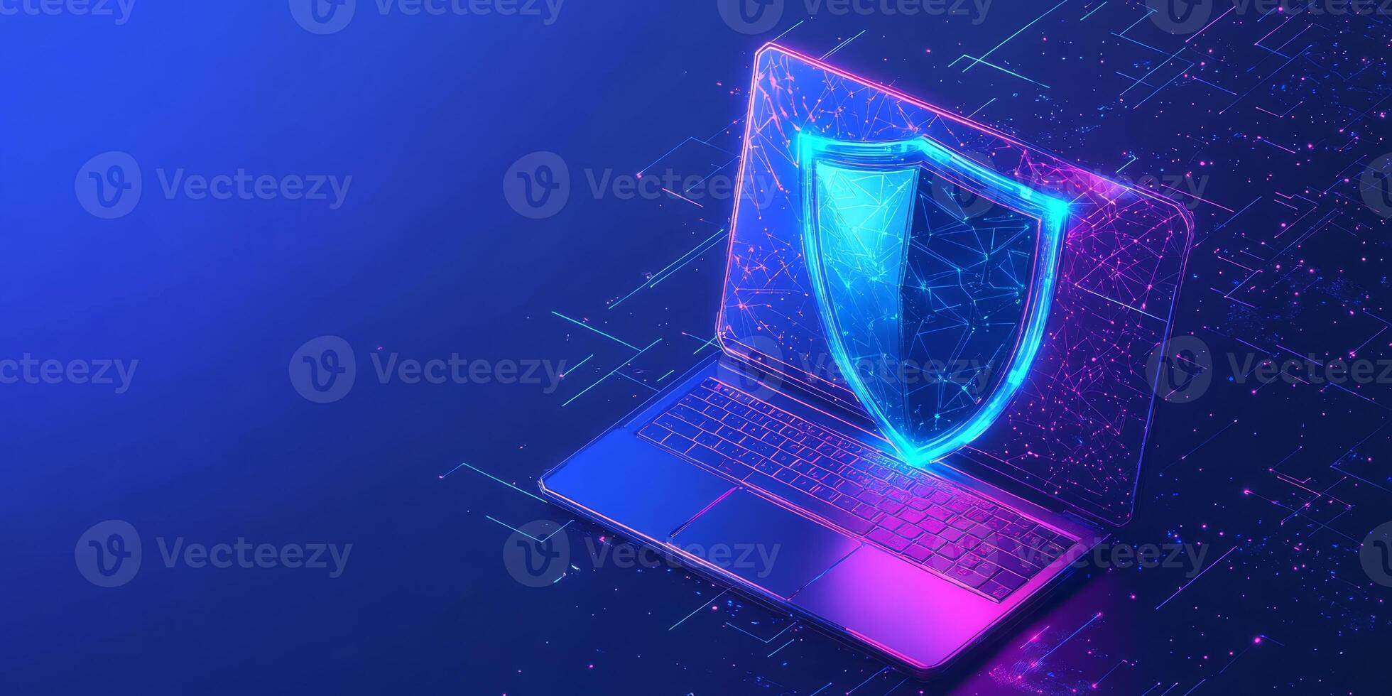 A stateoftheart modern laptop incorporates a striking holographic blue shield, which symbolizes cuttingedge cyber security and comprehensive insurance measures in todays complex digital realm photo