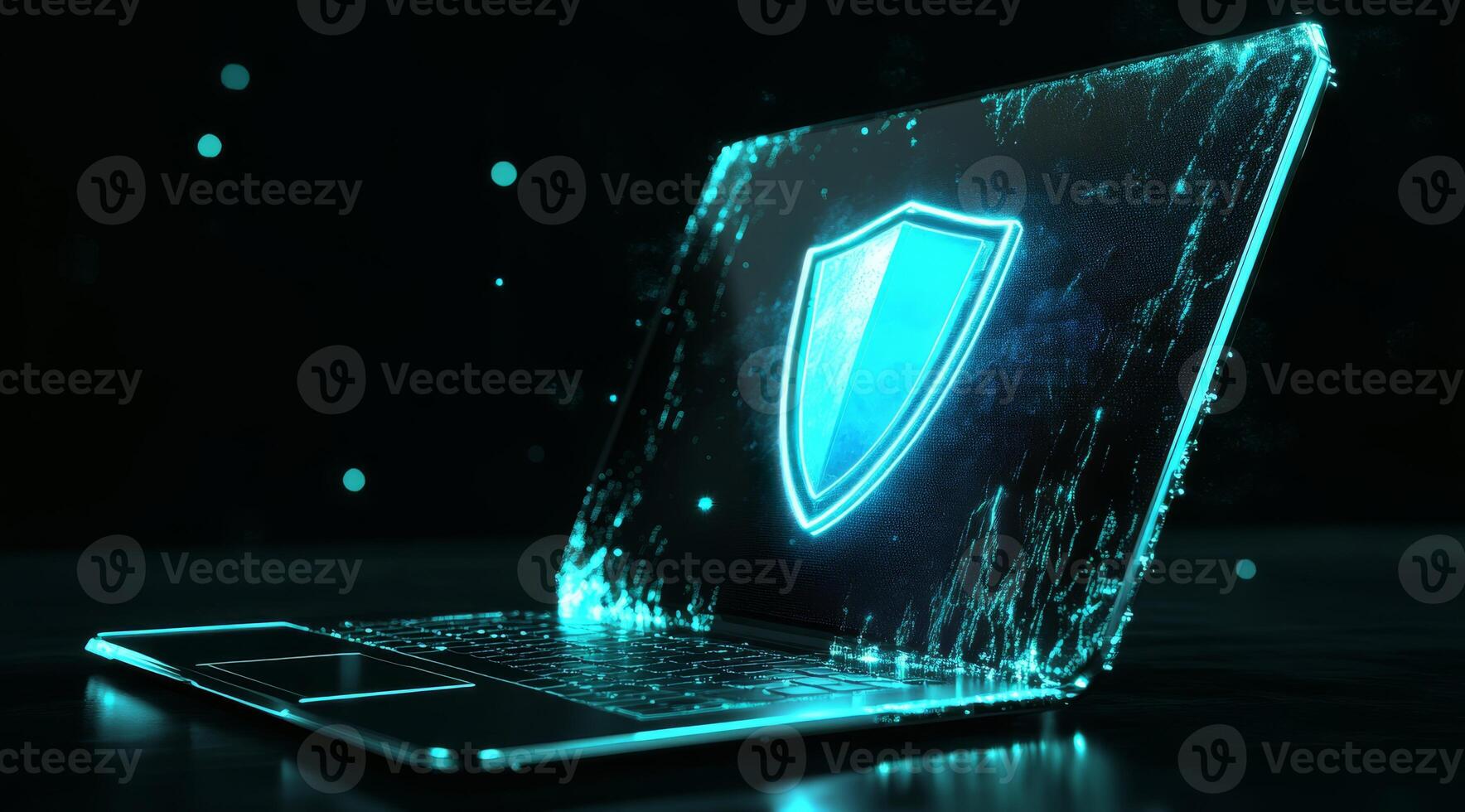 This is an abstract representation of a laptop, designed with a sleek blue futuristic guard shield that symbolizes the concepts of cyber security and digital protection in todays techsavvy world photo