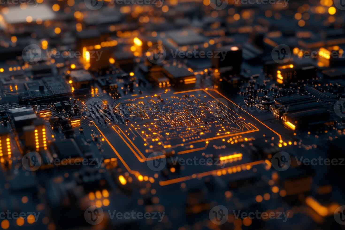 A detailed closeup view of the intricate and complex circuitry found on a microchip, illustrating the advanced technology that underpins and powers modern electronic devices and systems photo