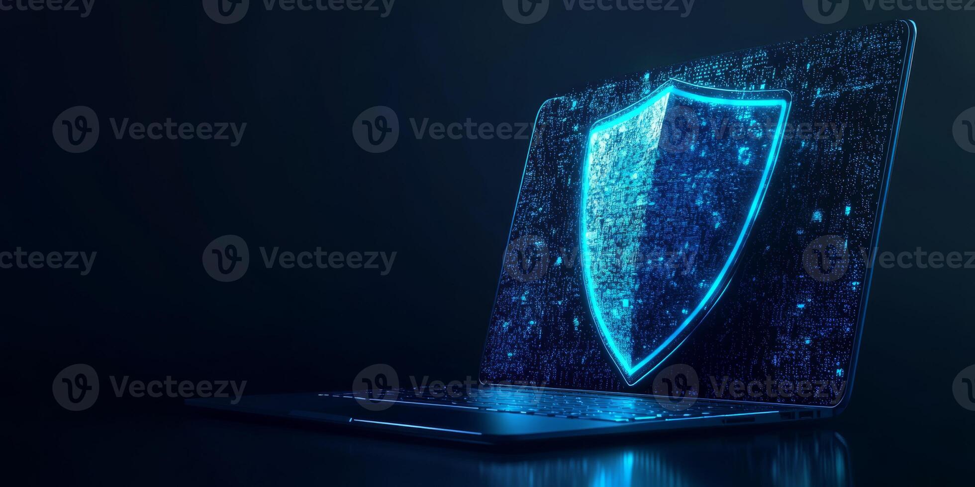 An abstract representation of cyber security with a modern laptop and a glowing blue shield, symbolizing vital aspects of digital protection, safety, and insurance in our techdriven world photo