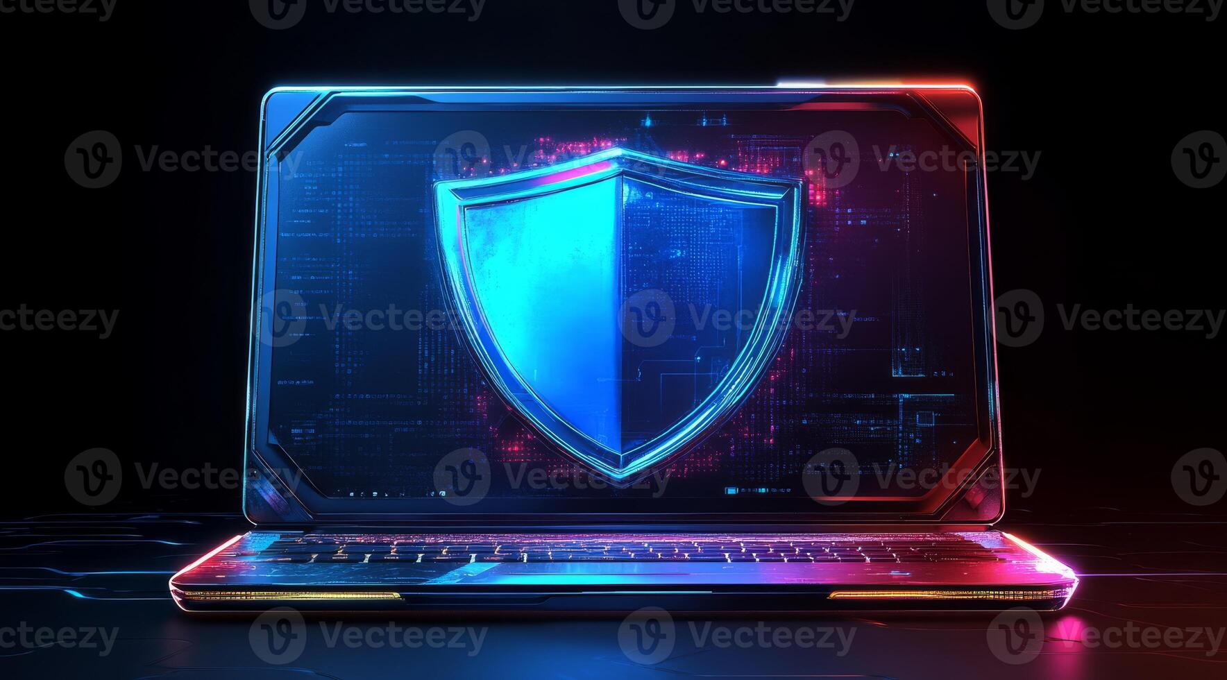 An abstract laptop with a blue guard shield symbolizes advanced cyber security and insurance protections in the digital realm photo