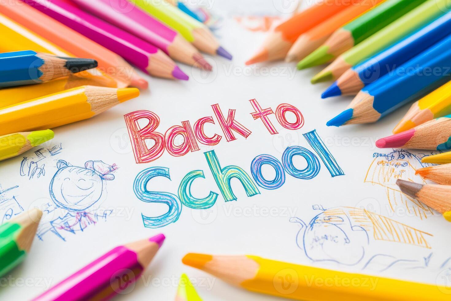 A vibrant array of pencils surrounds a cheerful Back to School message on bright white paper, capturing the excitement of a new school year filled with opportunities for learning and growth photo