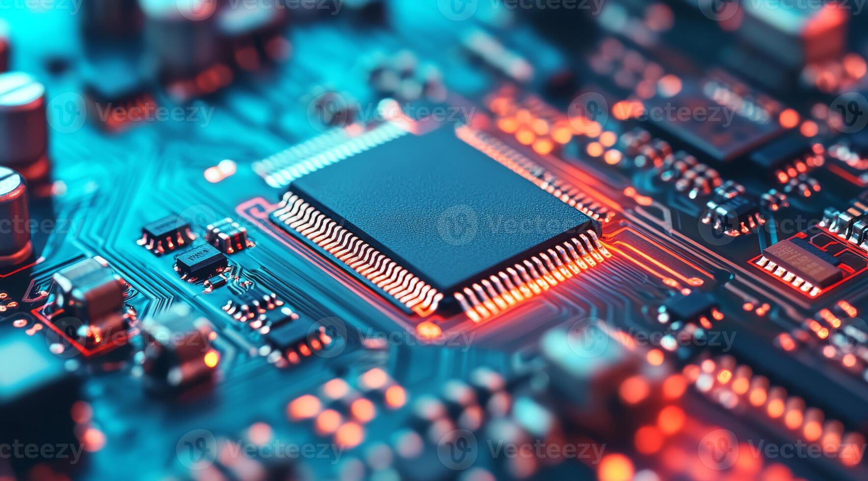 This detailed view of a microchip showcases its intricate circuits, highlighting the sophistication and complexity of modern electronics designed for various applications across multiple fields photo