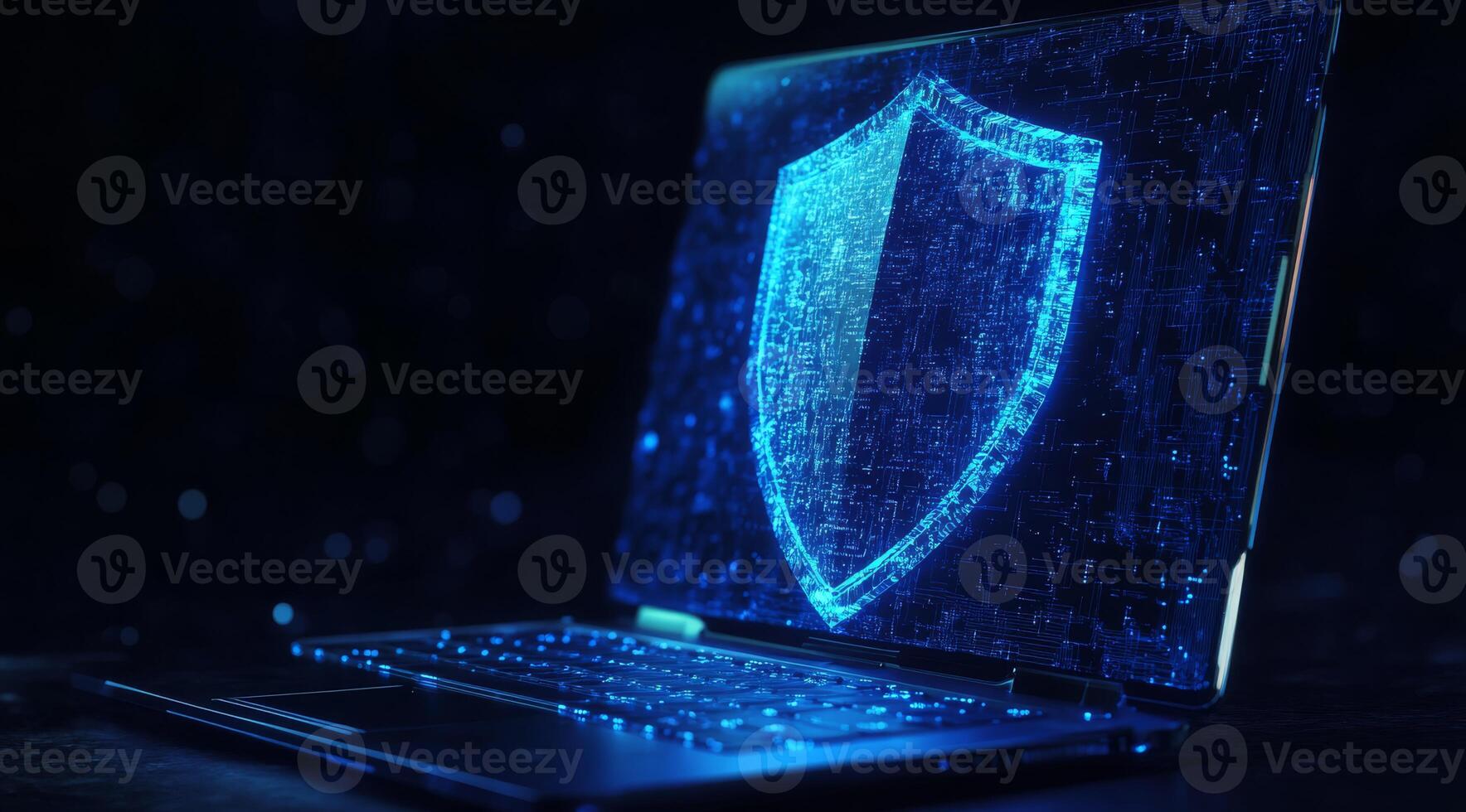 An abstract representation of cyber security showcases a sleek laptop and a blue digital guard shield, symbolizing the importance of protection in the evolving realm of digital technology photo