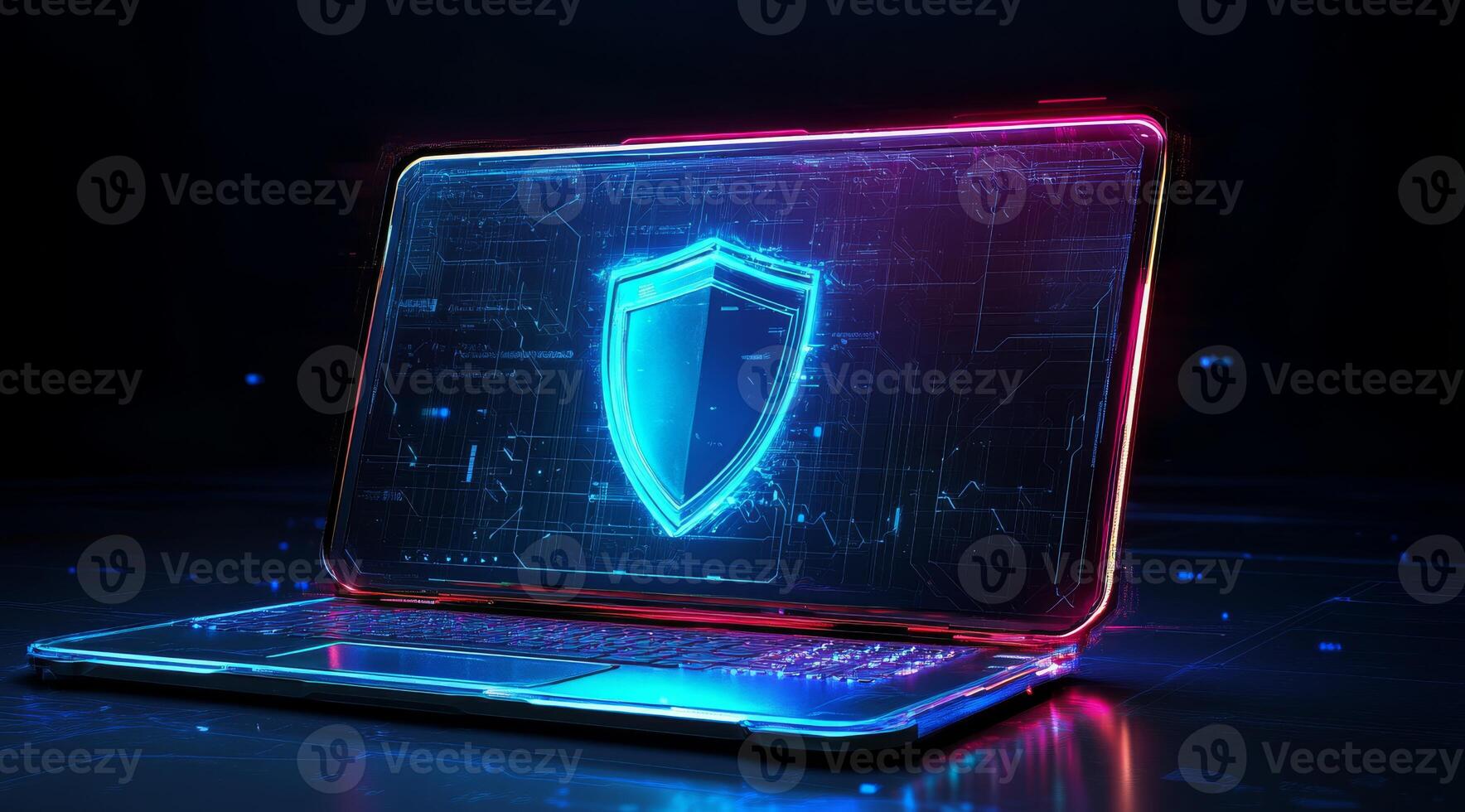 This abstract representation emphasizes cyber security, showcasing a futuristic laptop with a blue shield to highlight the essential need for digital protection in our technological world photo