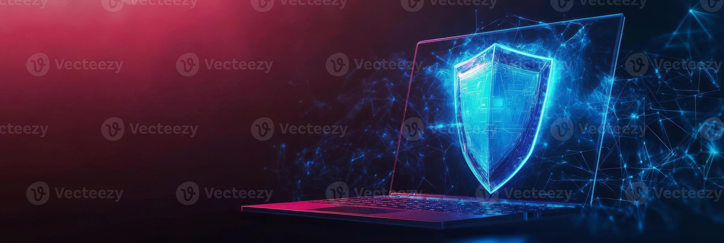 An abstract representation of cybersecurity featuring a laptop and a blue futuristic shield, symbolizing protection and digital security vital in todays world of constant online threats photo