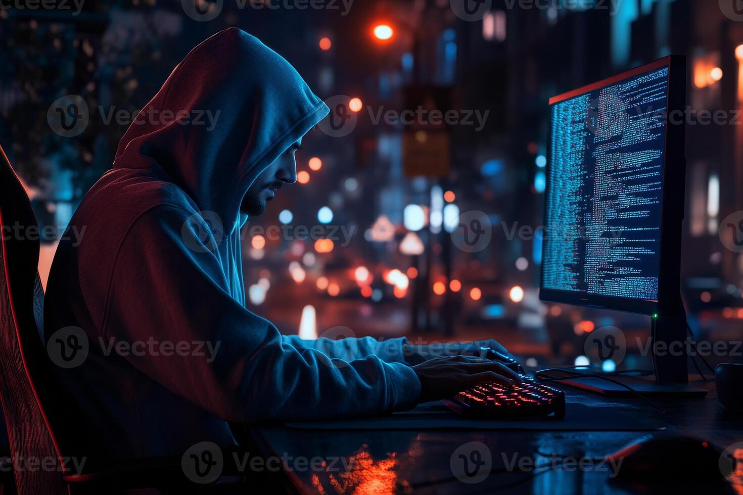 Imagine a dedicated hacker engrossed in coding at his desk, surrounded by vibrant city lights. This scene embodies modern technology and the intricate world of data manipulation and cybersecurity photo