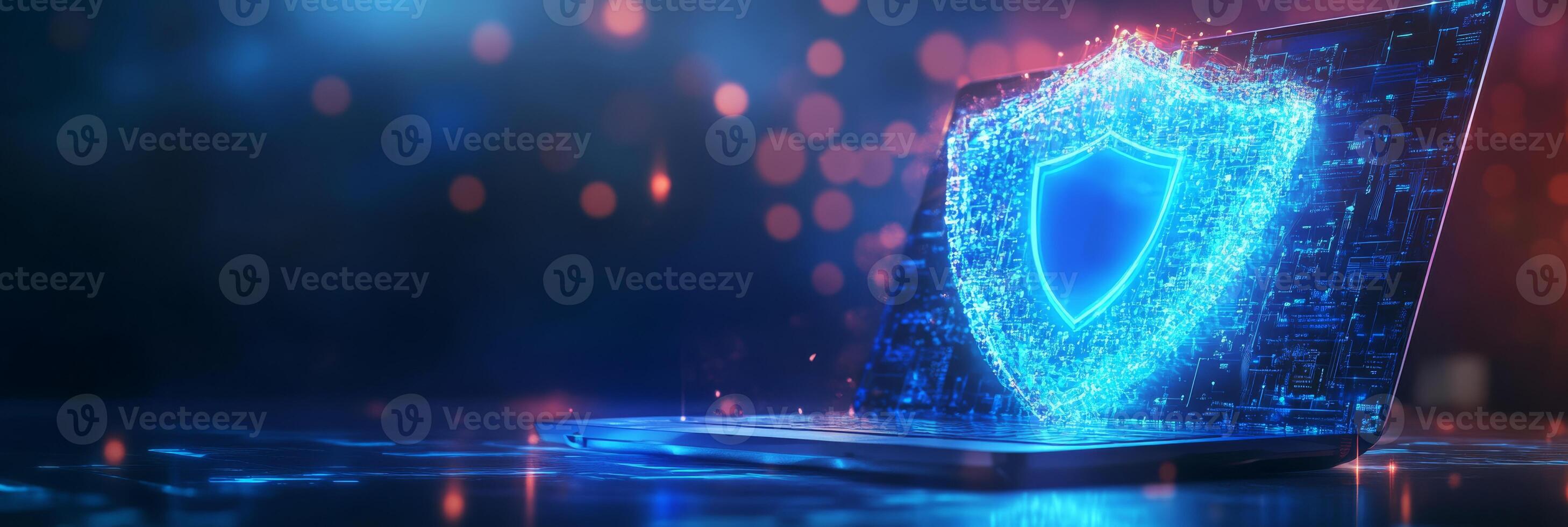 Explore the vital role of cyber security insurance in the digital landscape, symbolized by a futuristic laptop and a shield that signifies protection against various digital threats photo