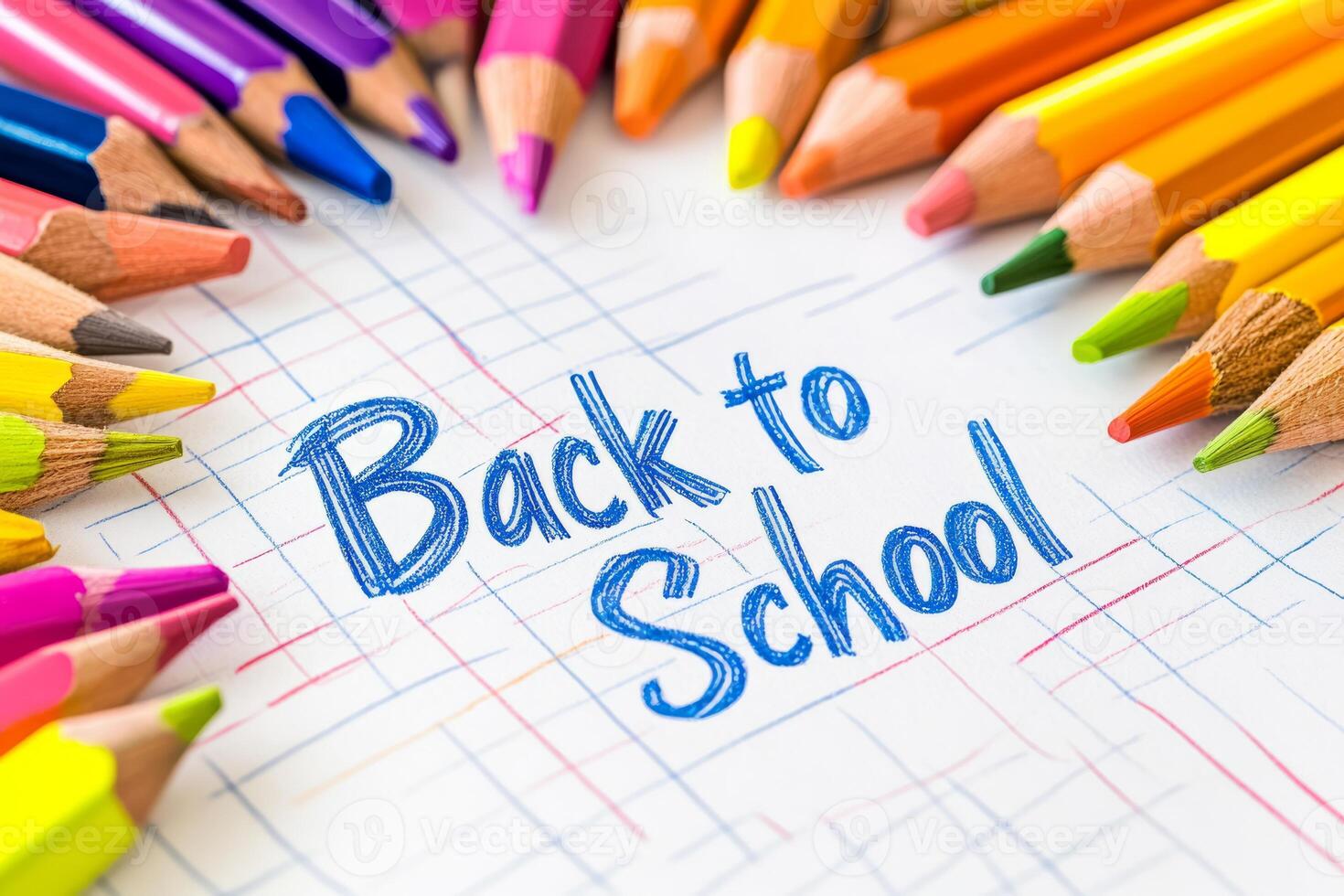 A vibrant collection of pencils frames a cheerful Back to School message on a blank white sheet, capturing the excitement for the upcoming school year and students educational adventures photo