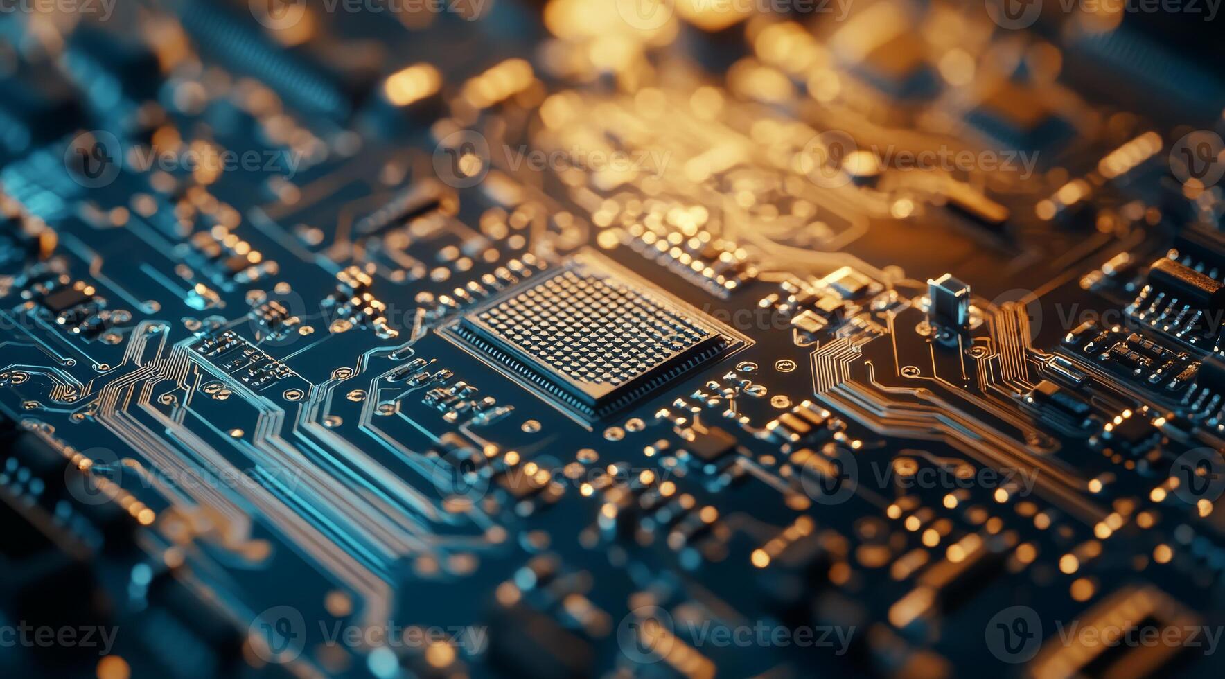 This image provides a detailed view of intricate circuitry on a microchip, which highlights the remarkable complexity and precision that characterize modern electronic technology advancements photo