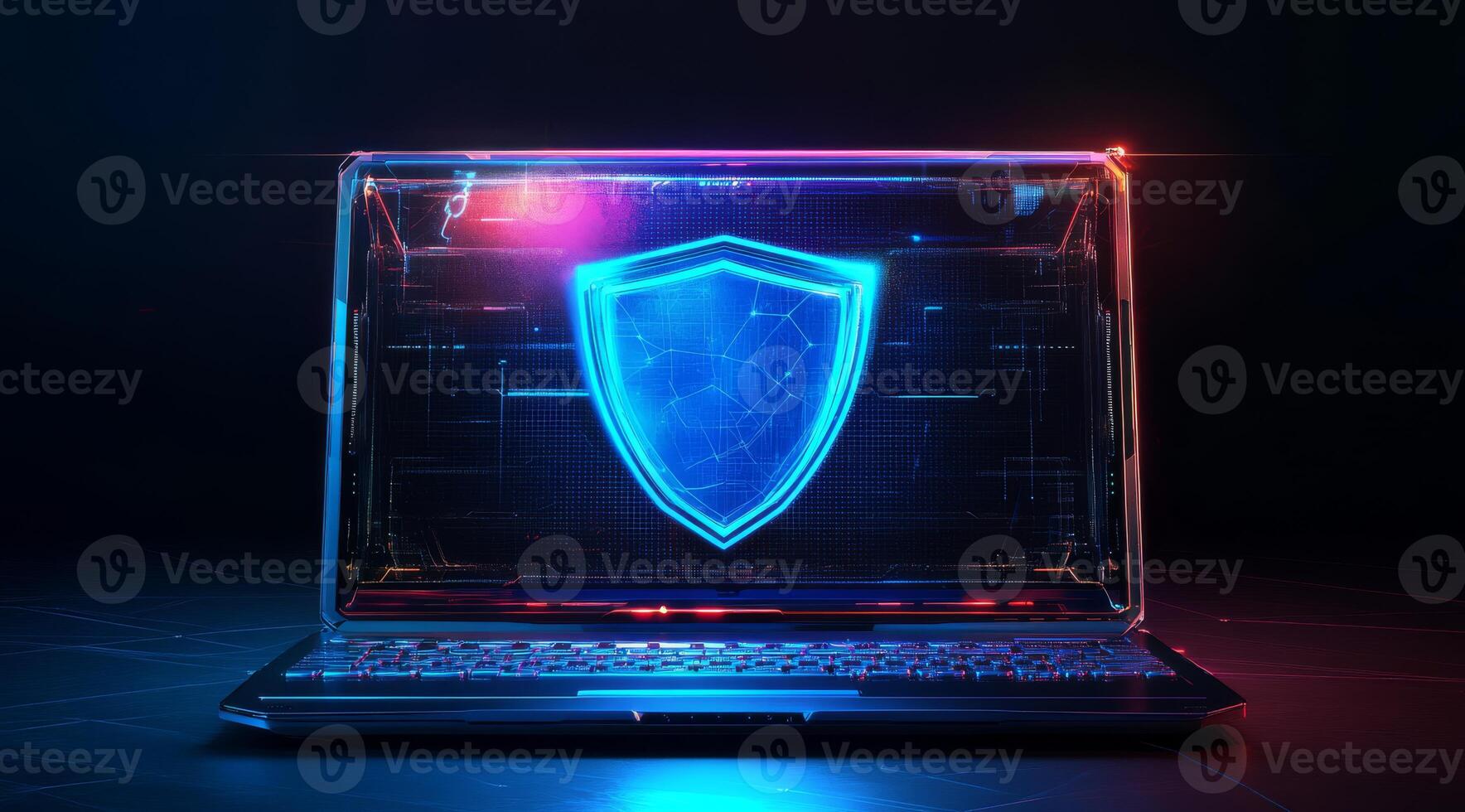 This modern laptop features a glowing blue shield, symbolizing stylish aesthetics and advanced cyber security, providing robust protection against daily digital threats in users online activities photo
