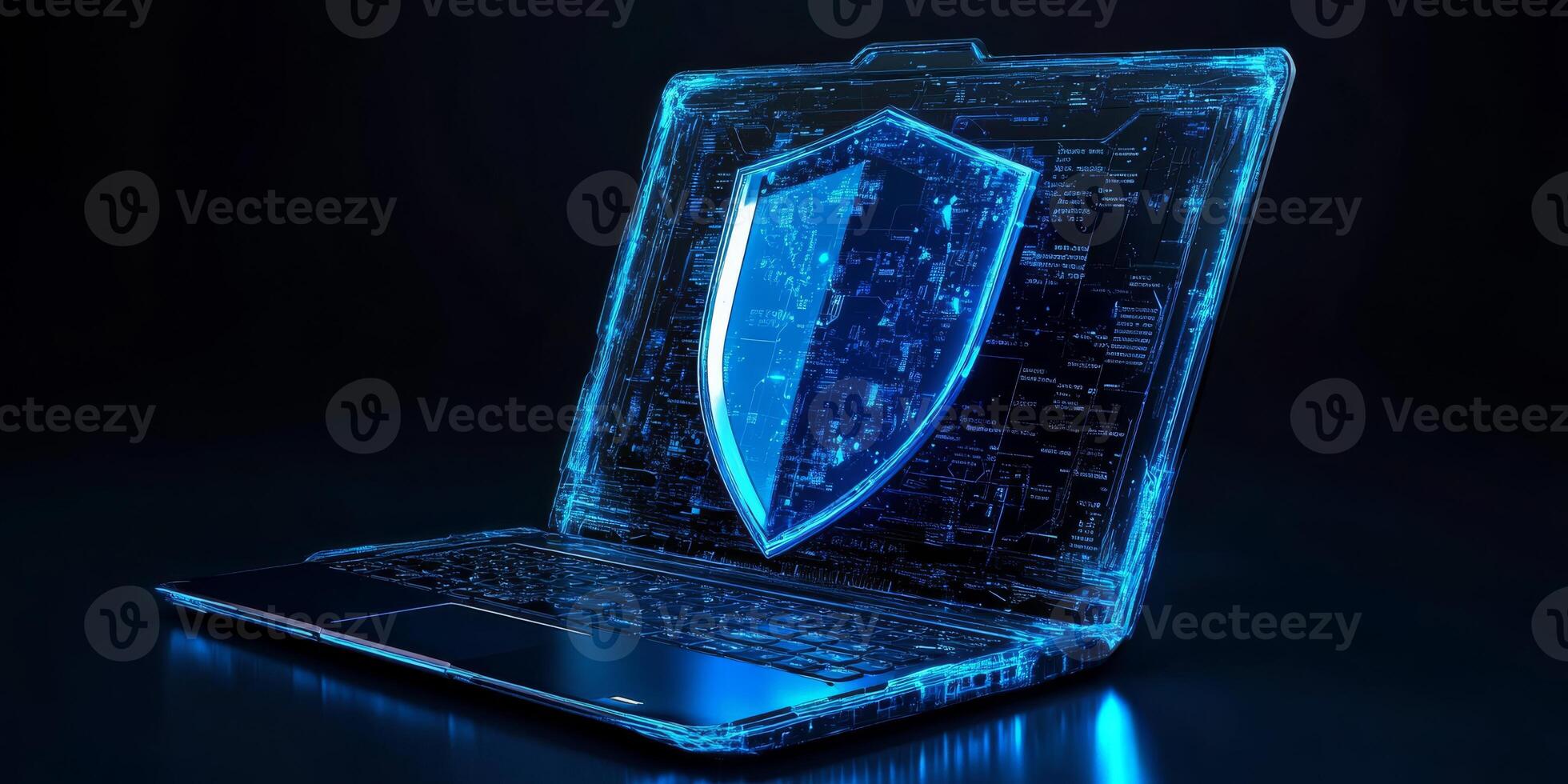 This abstract representation shows cyber security and insurance, featuring a glowing blue laptop and a futuristic shield symbolizing protection and digital safety in the cyber realm photo