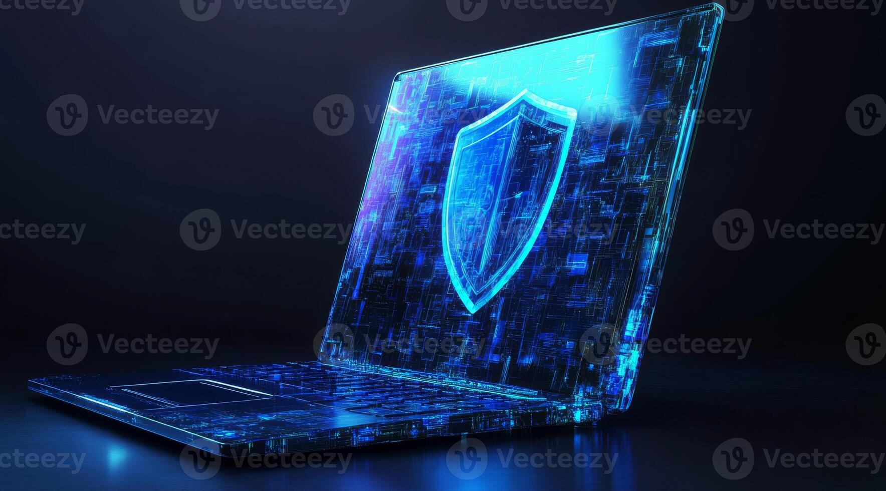 An artistic depiction of cybersecurity showing a laptop lit by a blue shield, symbolizing crucial aspects of digital protection and necessary security measures in todays tech landscape photo