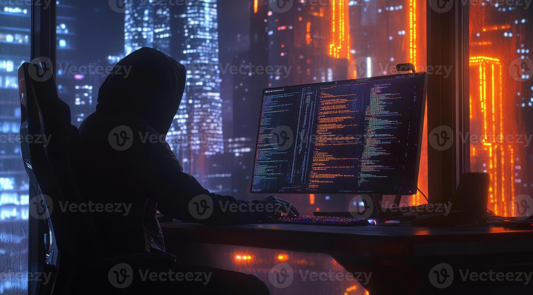 A devoted hacker sits at a desk, fully absorbed in programming and coding, surrounded by a lively, futuristic cityscape that highlights aspects of big data, hacking, and cuttingedge technology photo