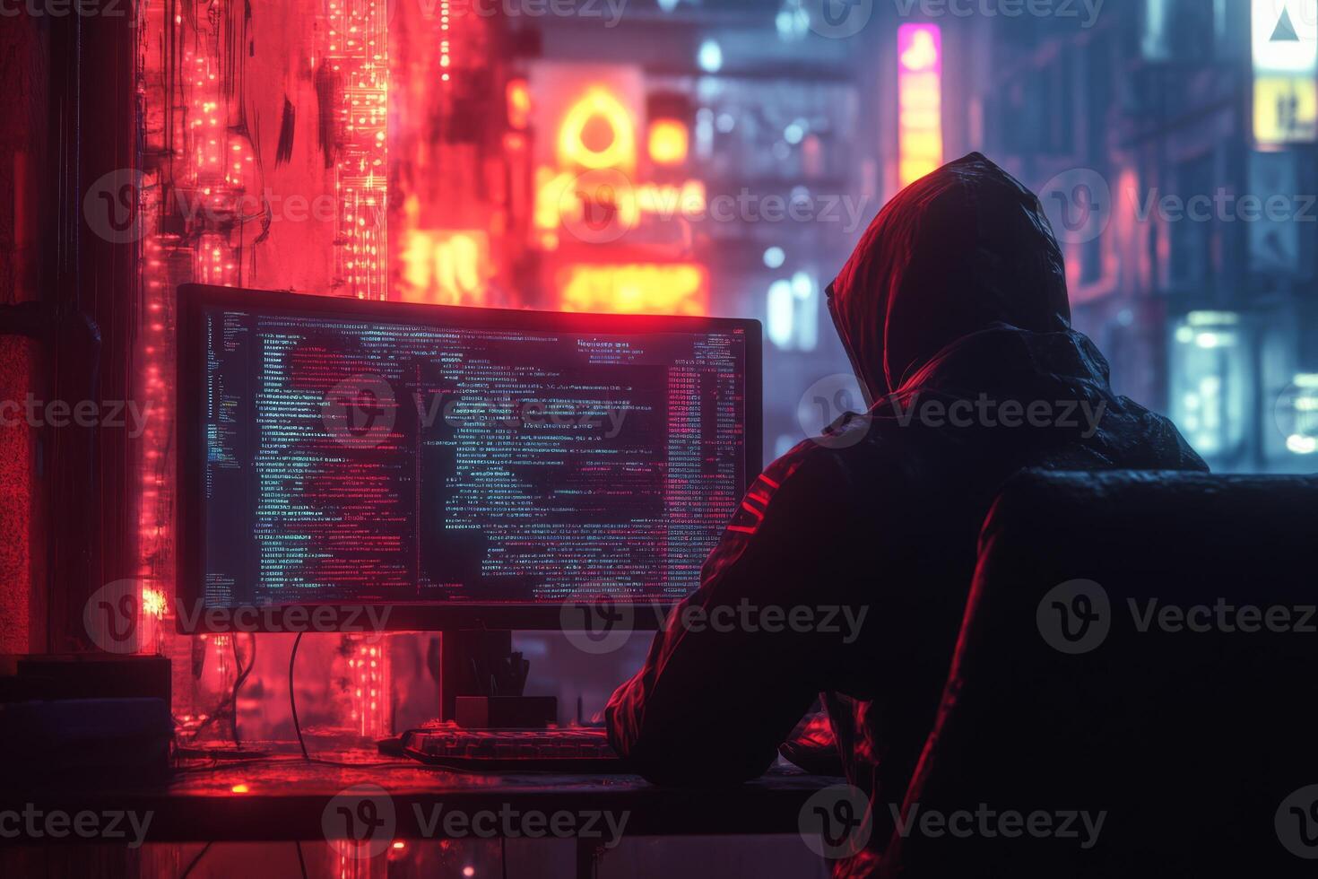 A skilled hacker sits at a modern desk, immersed in a vibrant setting with neon lights, engrossed in the world of big data and tech, embodying the essence of digital intrigue and cyber mystery photo