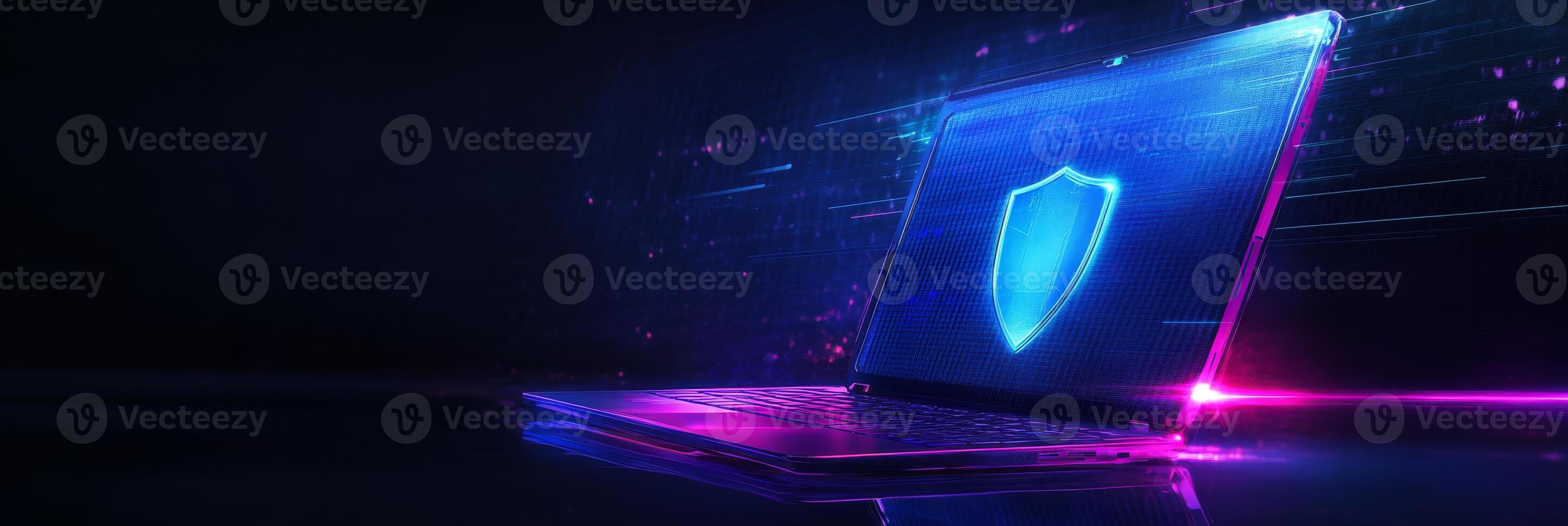 An abstract artistic representation of cyber security features a sleek laptop alongside a glowing blue shield, effectively symbolizing protection and digital insurance in a modern hightech setting photo