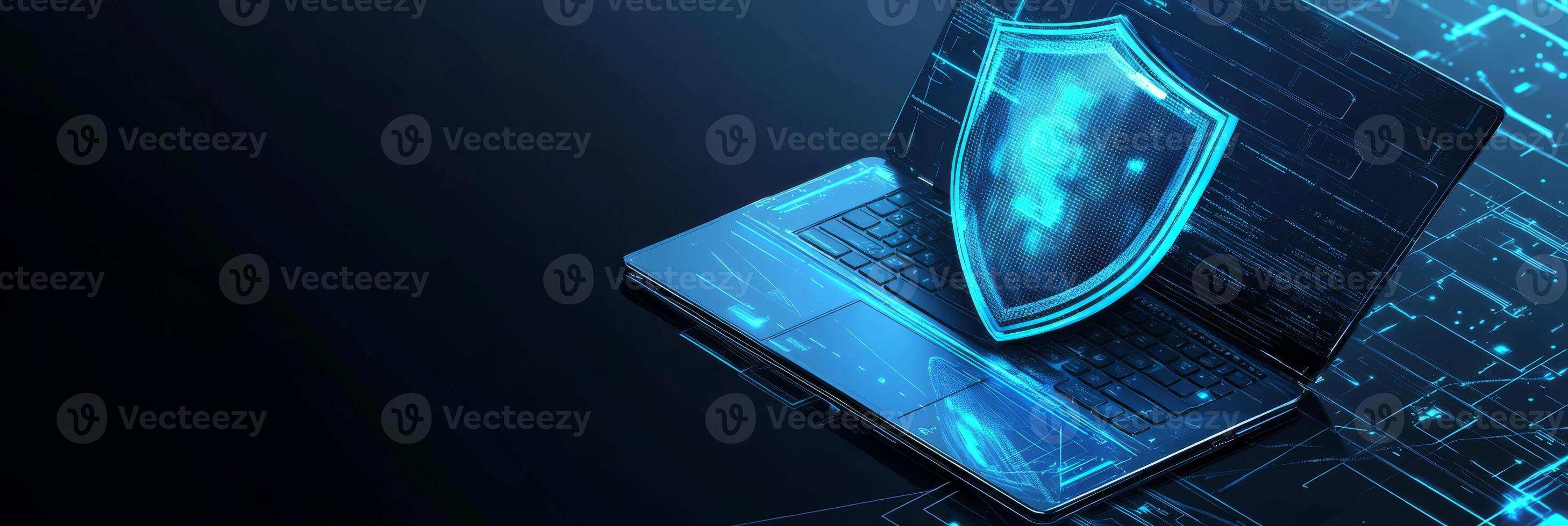 This visualization of cyber security features a sleek laptop and a vibrant blue shield, symbolizing the urgent need for comprehensive protection and enhanced safety in todays online environments photo