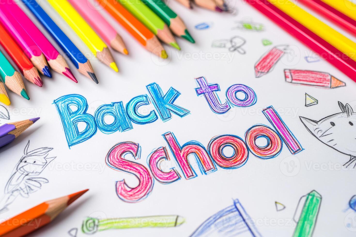 A vibrant Back to School message is illustrated with colorful pencils on a clean white background, symbolizing the exciting adventures and endless possibilities for learning in the new school year photo