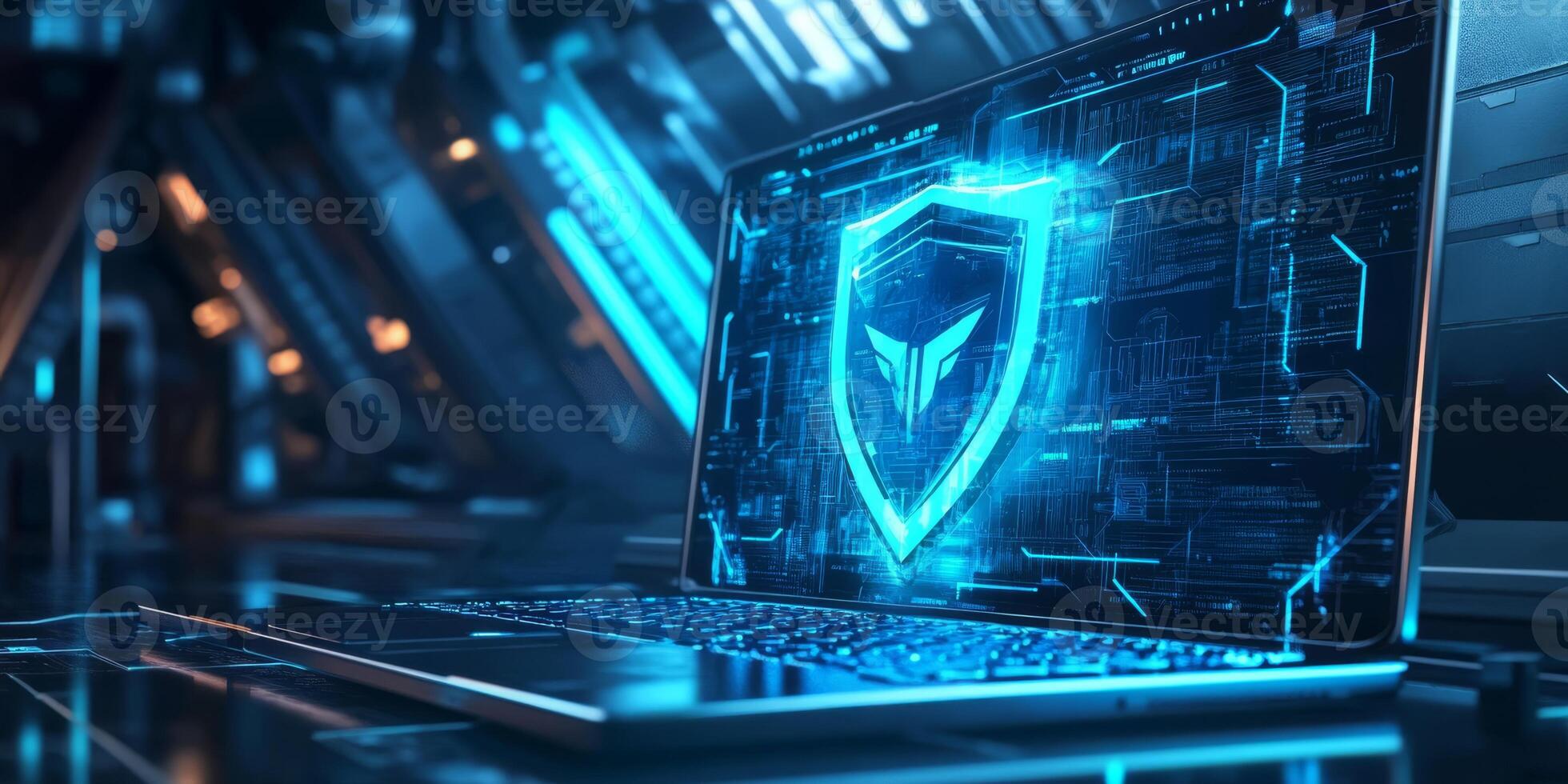 This artwork symbolizes the importance of cyber security, featuring a blue guard shield over a laptop, highlighting the need for strong digital protection against evolving cyber threats photo
