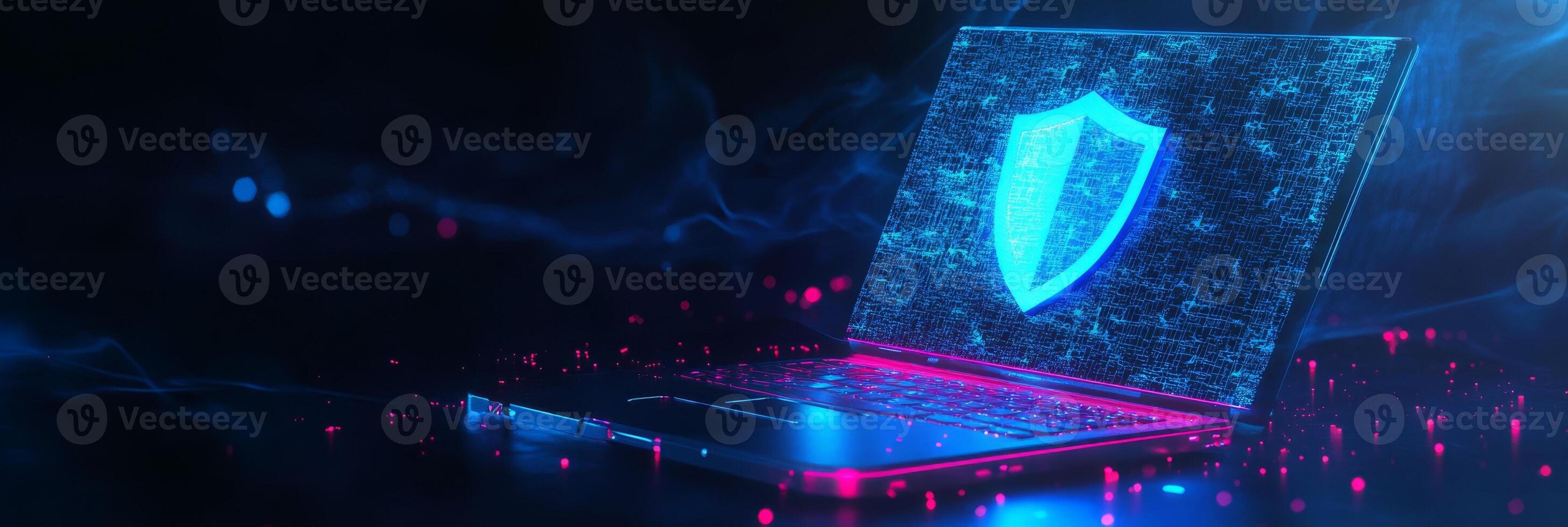 This captivating artwork abstracts cyber security, featuring a modern laptop and a futuristic blue guard shield, symbolizing essential digital protection in our advancing technologydriven society photo