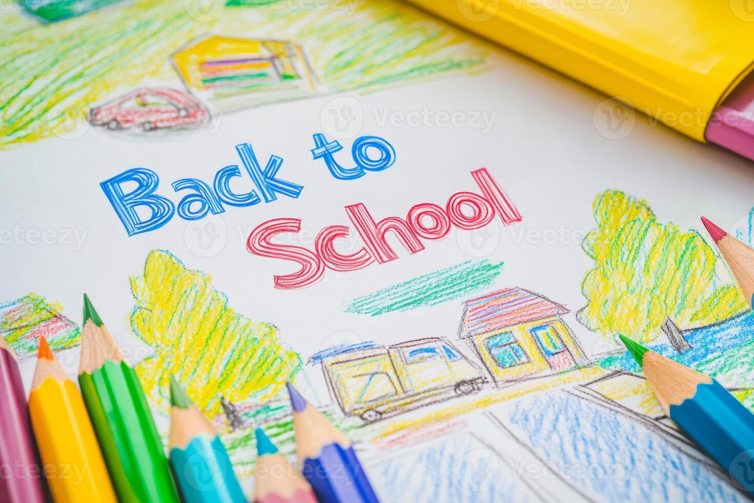 A vibrant Back to School drawing, surrounded by colorful pencils, symbolizes the exciting start of a new school year, full of opportunities for learning, exploration, and personal growth photo
