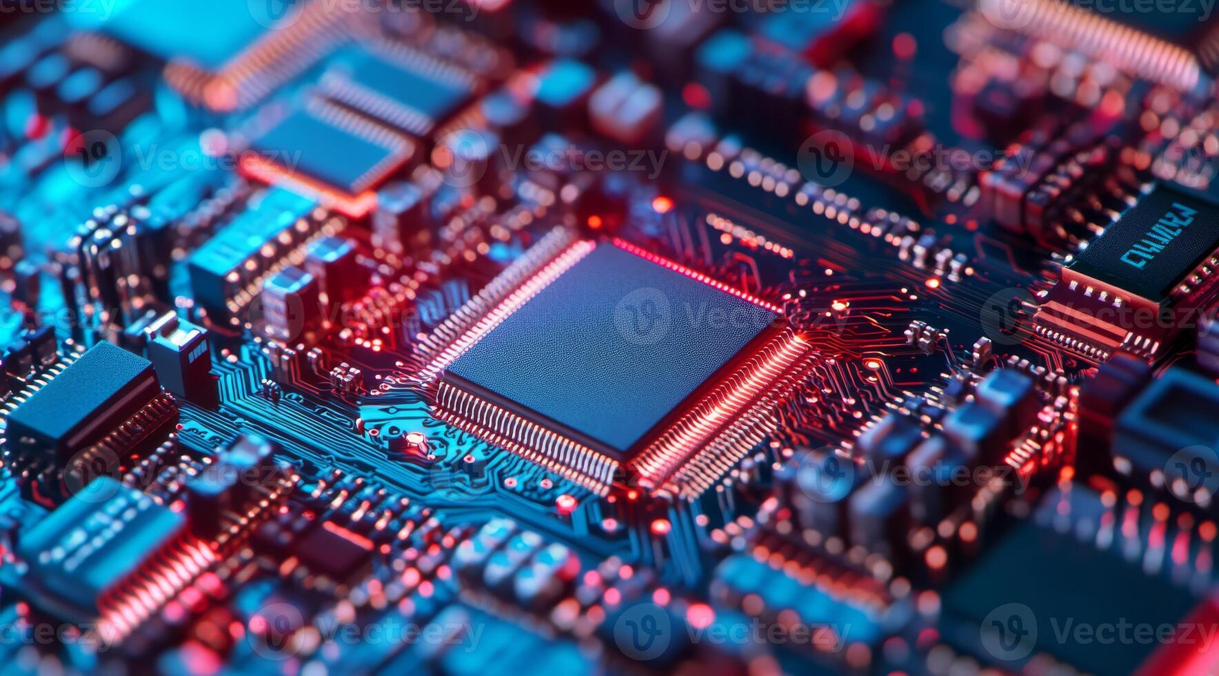 This is a detailed view showcasing the intricate and complex circuitry found on a microchip, which highlights the remarkable advanced technology present in the realm of modern electronics today photo