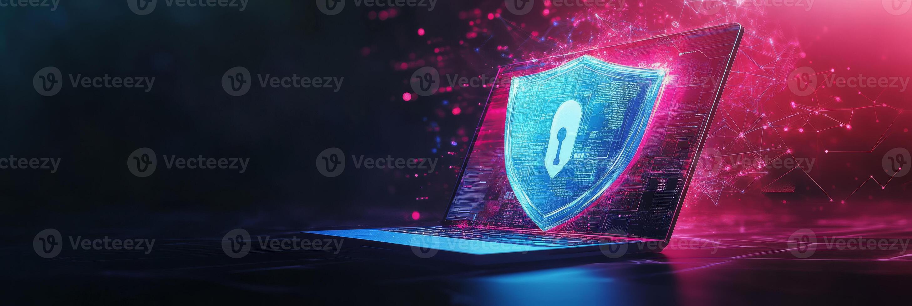 This abstract image of cyber security showcases a sleek laptop and a bright blue shield, symbolizing the crucial need for strong protection in todays fastchanging digital landscape photo