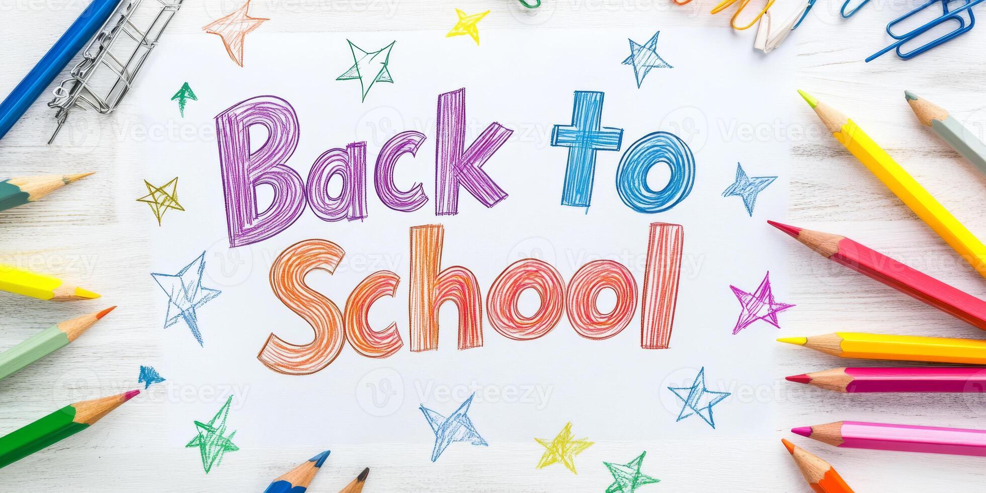 Heres a delightful and cheerful Back to School message surrounded by an array of colorful pencils, designed perfectly to welcome the new academic year filled with inspiration and creativity photo