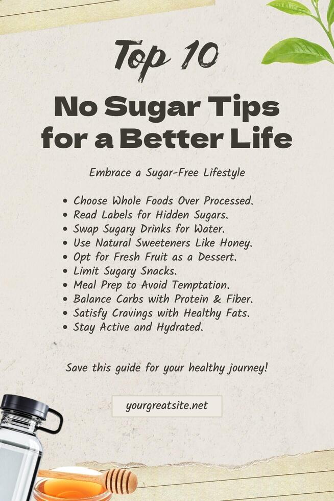 Top 10 Tips for a No Sugar Healthy Lifestyle Pinterest Graphic template