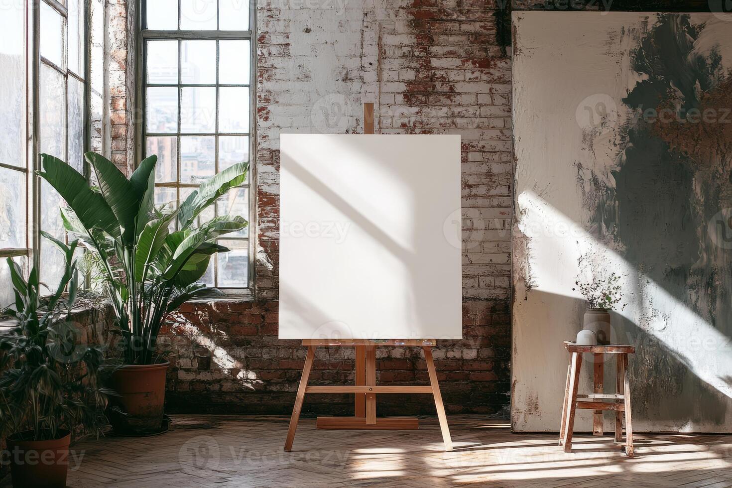 This bright loft has large windows that flood it with light and white walls, providing a blank canvas for creativity. With arranged plants, it offers a warm atmosphere for showcasing design and art photo