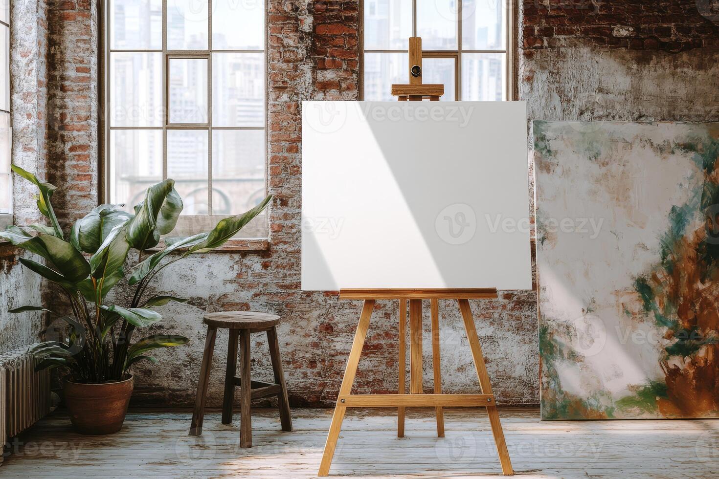 This spacious loft features large windows that fill the space with natural light. It includes an easel with a blank canvas and a vibrant plant, ideal for design presentations and artistic inspiration photo