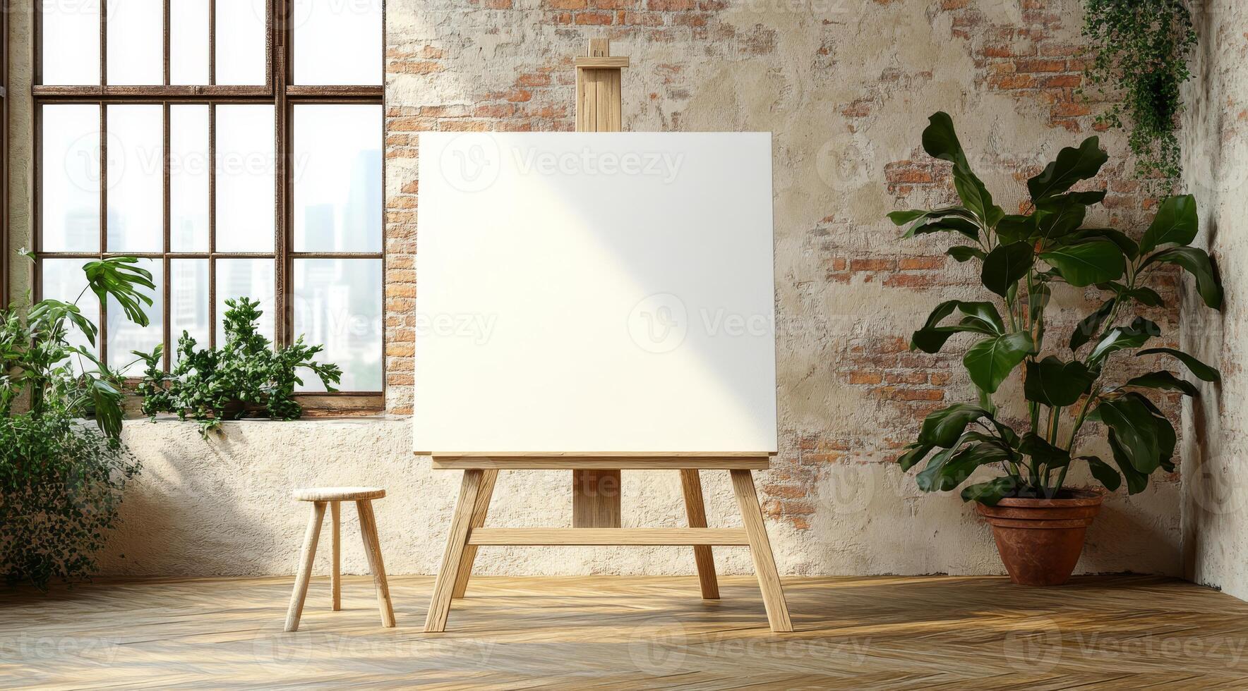 This spacious loft with large windows and white walls is filled with natural light, creating an inspiring atmosphere ideal for innovative designs and artistic expressions, perfect for creativity photo