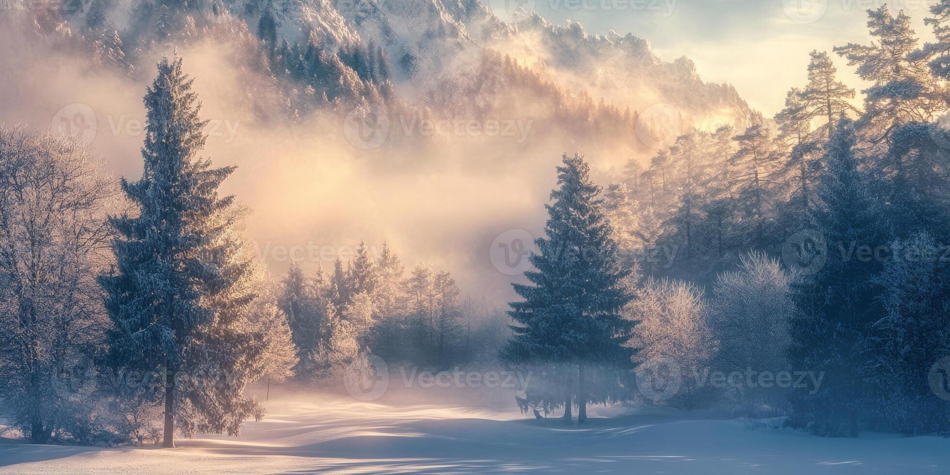 A serene winter scene features frosty trees with snow, gentle snowfall, and majestic mountains in the distance, creating a peaceful atmosphere perfect for nature lovers who cherish winters beauty photo