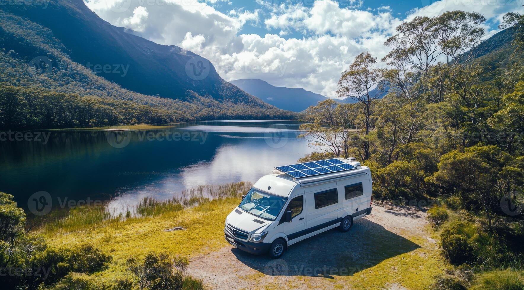 Imagine a cozy campervan by a beautiful lake, surrounded by mountains. Powered by solar panels, its ideal for ecofriendly outdoor adventures, allowing you to enjoy natures beauty and tranquility photo