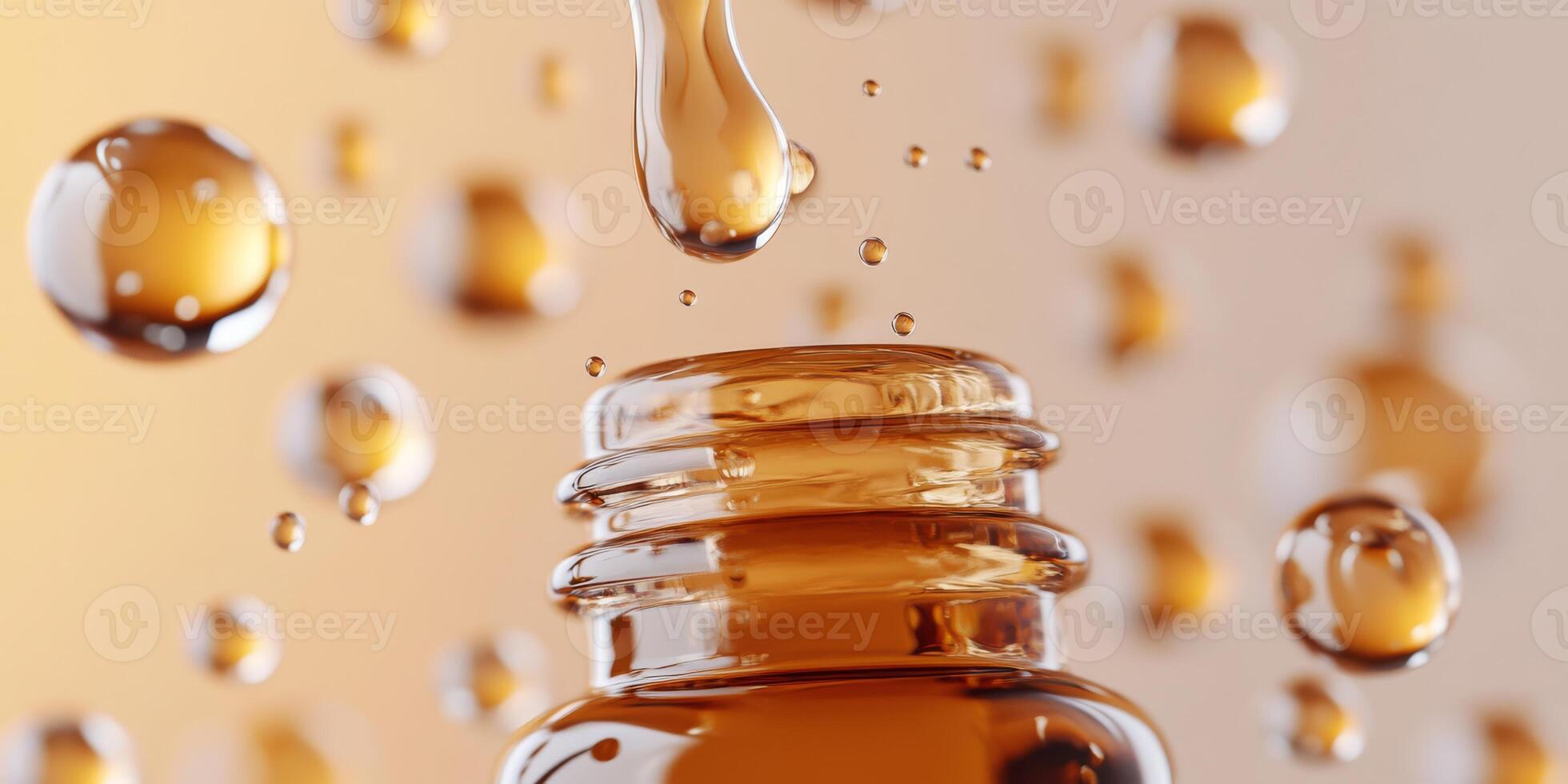 A beautiful closeup of an elegant oil bottle adorned with delicate droplets, showcasing artistry and tranquility photo