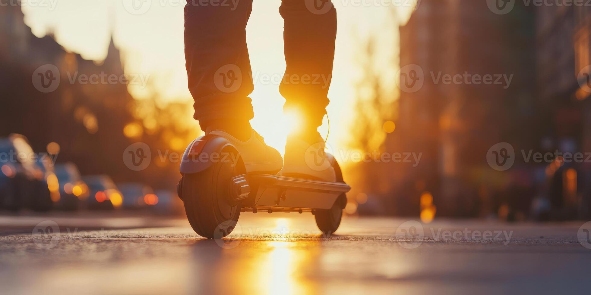 A person joyfully rides an escooter along a bustling city street during a beautiful warm sunset, highlighting the advantages of ecofriendly personal transport for modern urban commuting photo