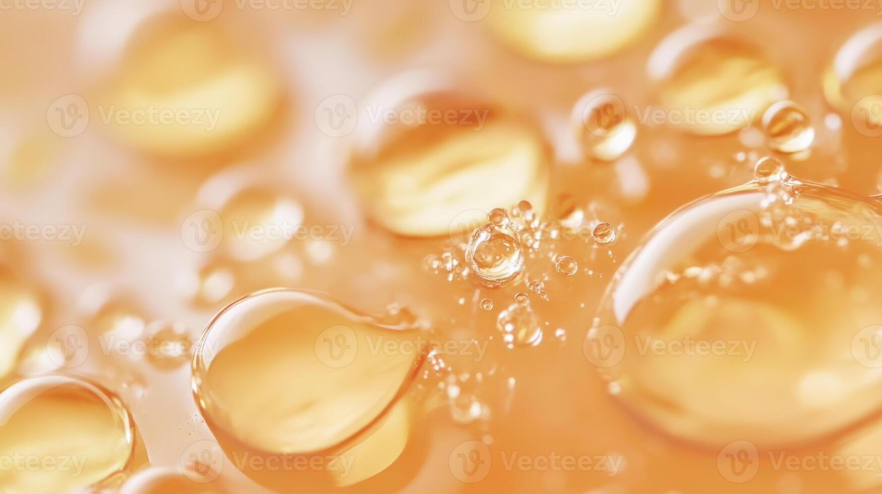 A closeup of whimsical golden bubbles floating in a translucent liquid, showcasing their beautiful texture photo