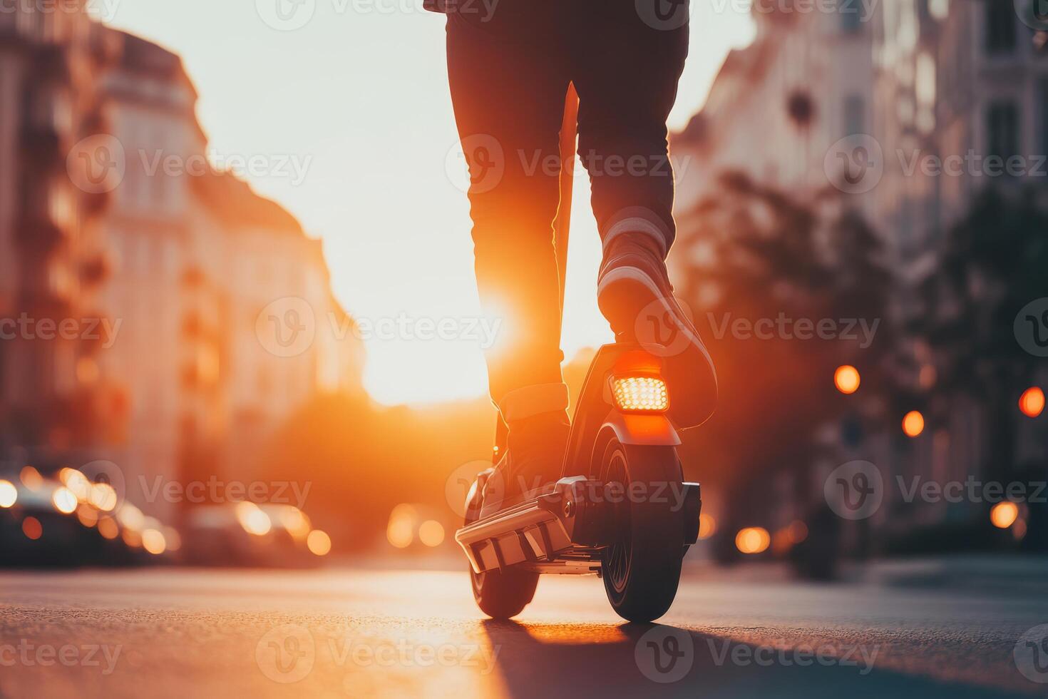 At sunset in a bustling city, a savvy person rides an electric scooter, showcasing the growing trend of sustainable transport and the mobility options available for urban residents photo