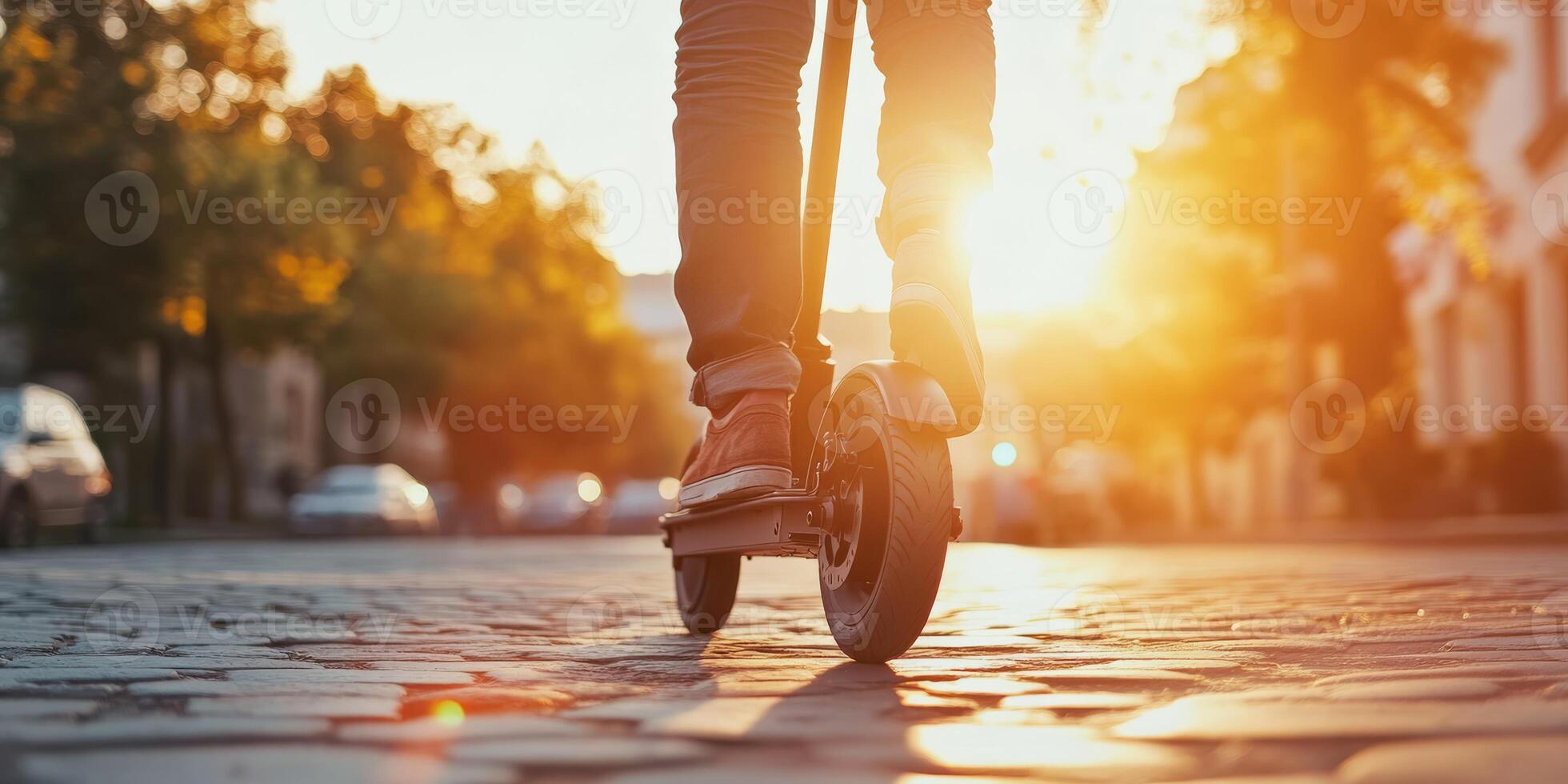 A joyful person rides an electric scooter down a bustling city street at sunset, showcasing the importance of urban mobility and the benefits of ecofriendly transportation methods for daily life photo