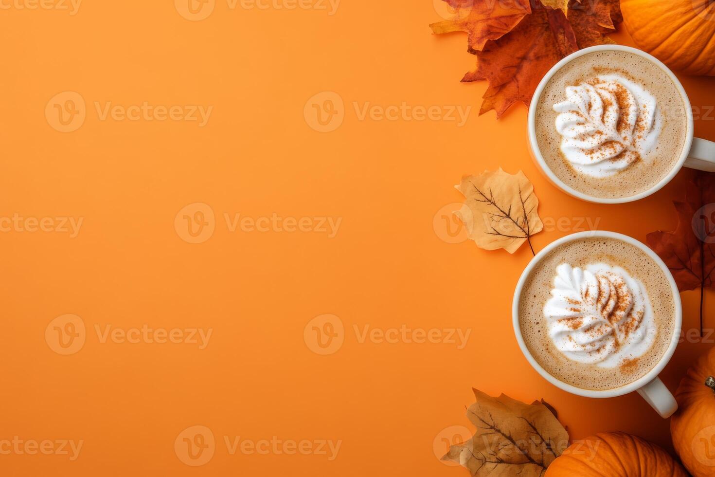 Savor a delightful and cozy pumpkin latte as you relax amongst beautiful autumn leaves and vibrant pumpkins, making it the perfect beverage choice for Thanksgiving and fallthemed gatherings photo