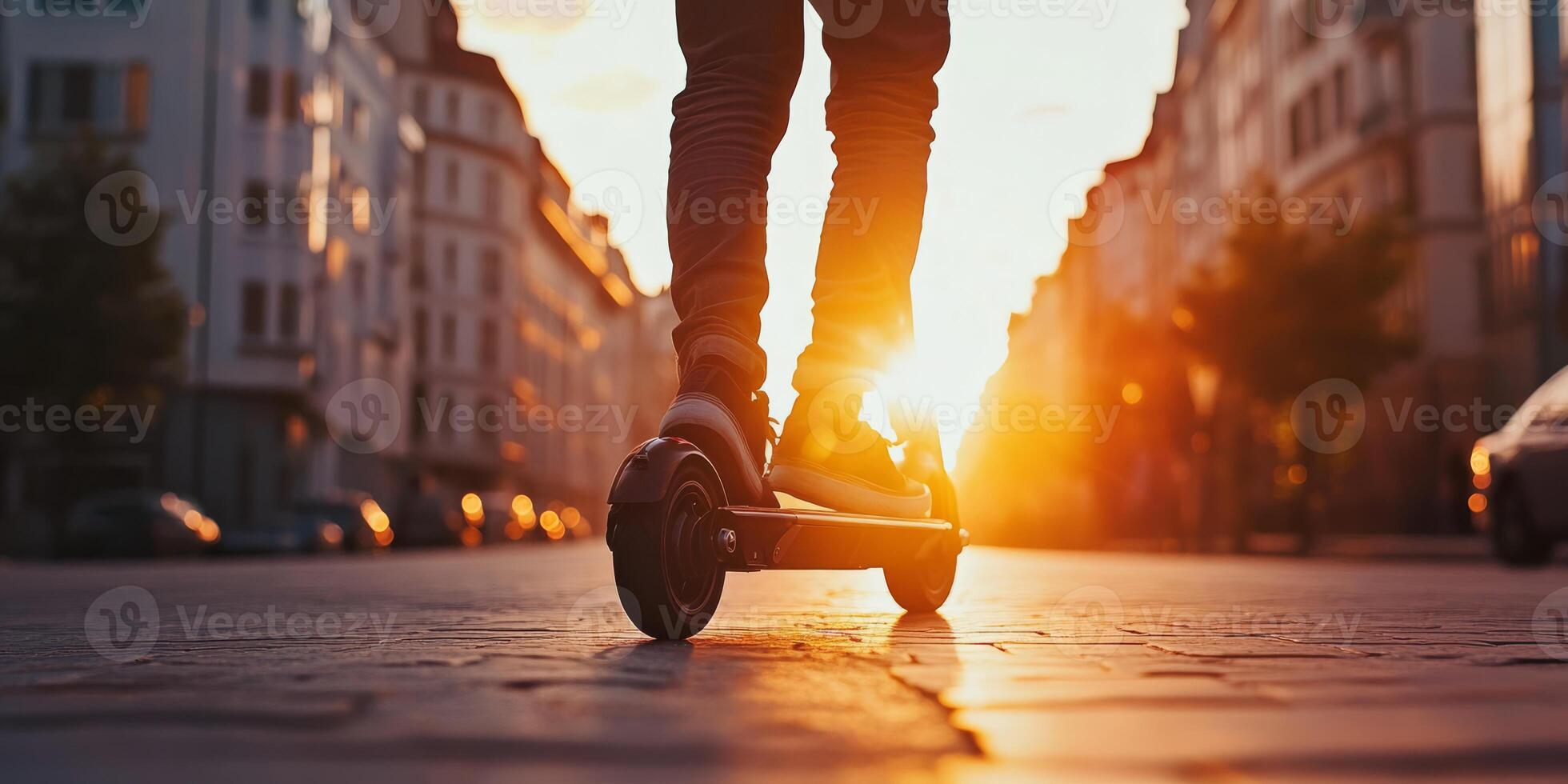 A person skillfully rides an escooter along a bustling city street during a picturesque sunset, showcasing the beauty of ecofriendly commuting and the vibrant urban lifestyle that comes with it photo