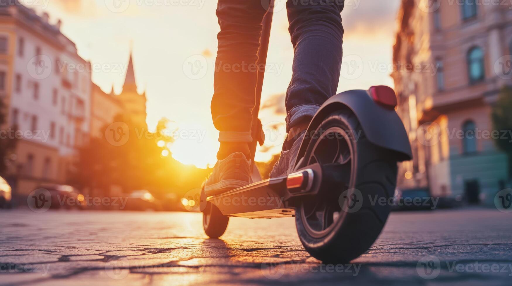 A closeup image of a person skillfully riding an electric scooter in a bustling city at sunset, beautifully capturing the essence of ecofriendly urban commuting and sustainable travel practices photo