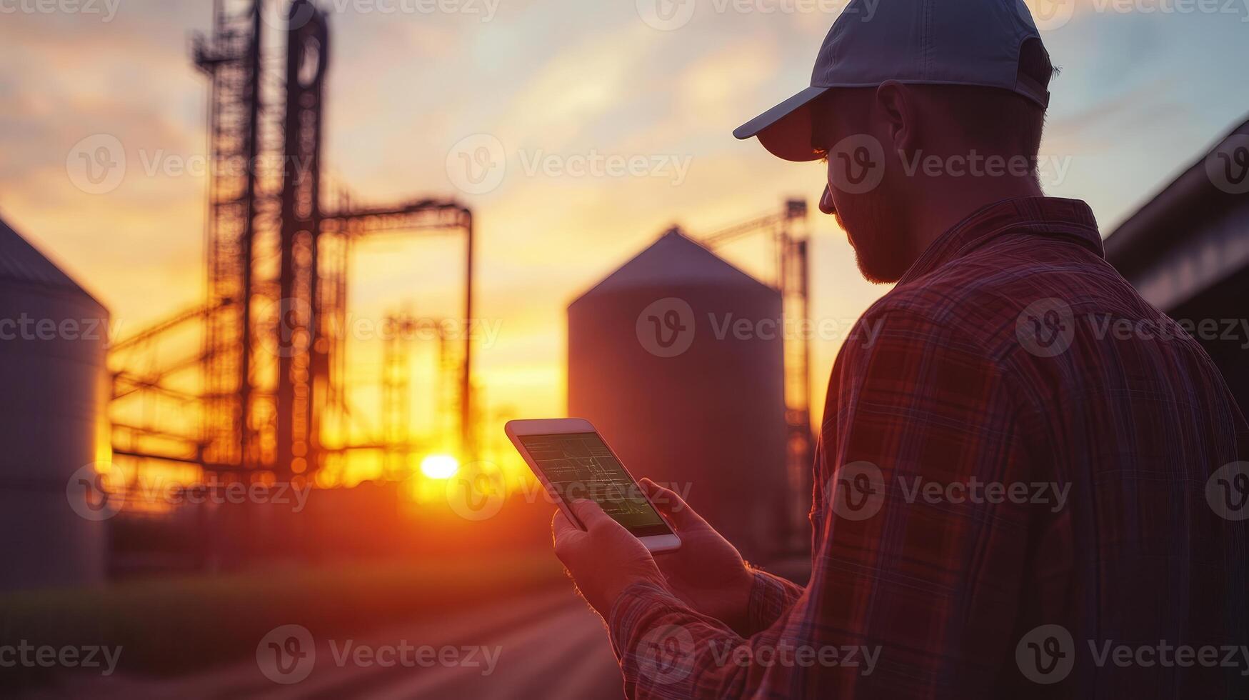 A dedicated farmer carefully checks grain storage data displayed on his smartphone, beautifully silhouetted against a vibrant sunset that casts warm hues around nearby silos and industrial structures photo